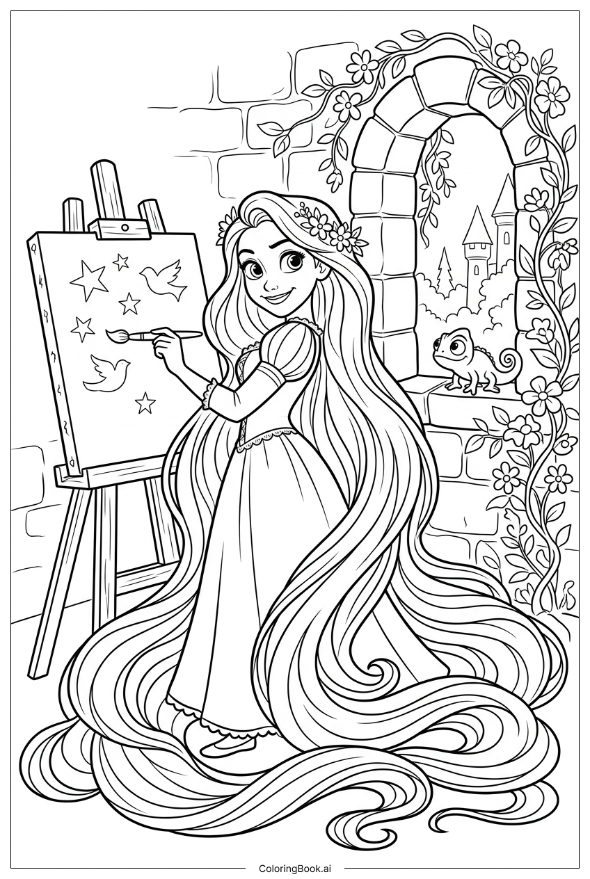  ディズニープリンセスが星を描き、カメレオンが見守るの塗り絵ページ 