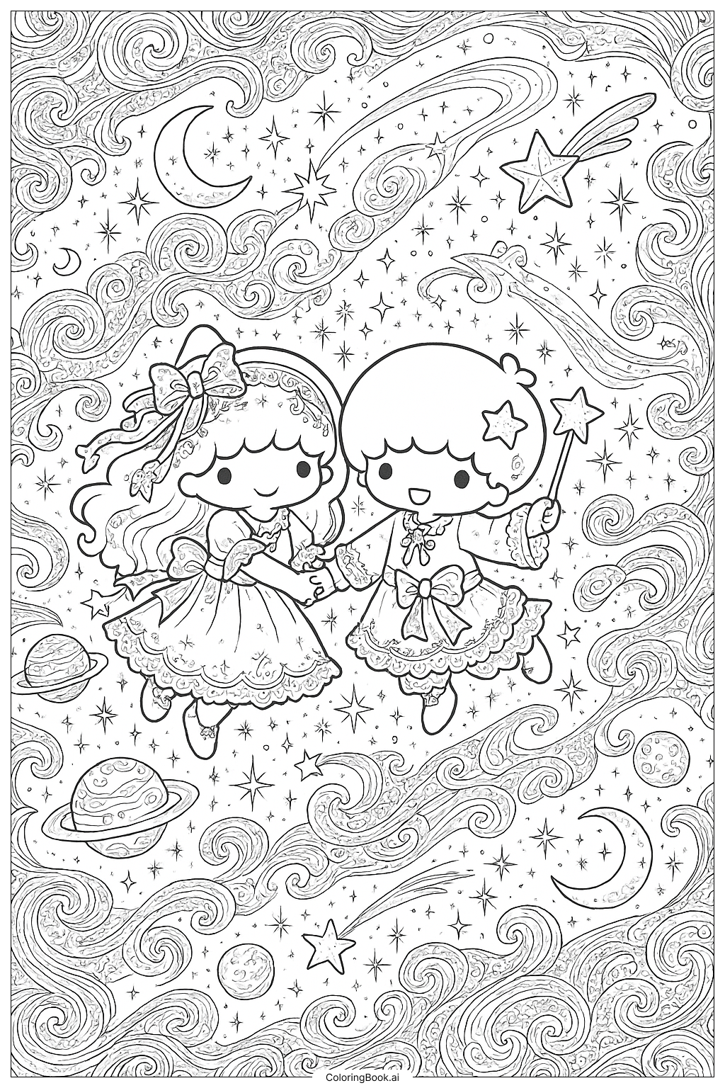  Little Twin Stars' Journey Through The Galaxy Coloring Page 