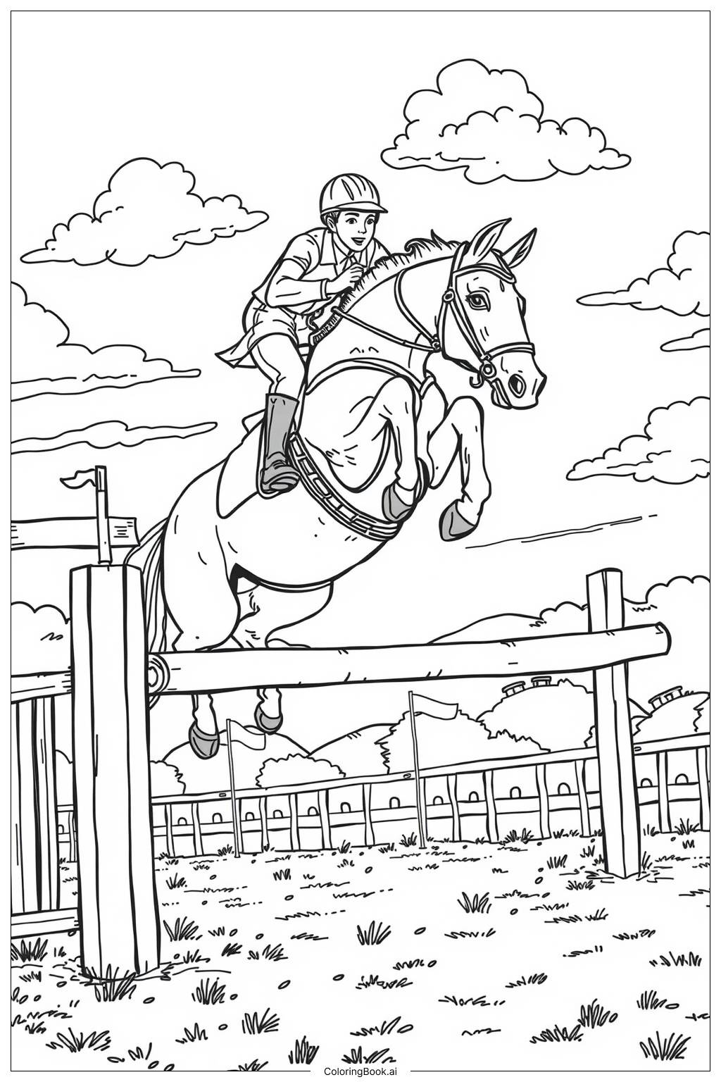  Page de coloriage Cheval et Cavalier Sautant par-dessus des Barrières-2 