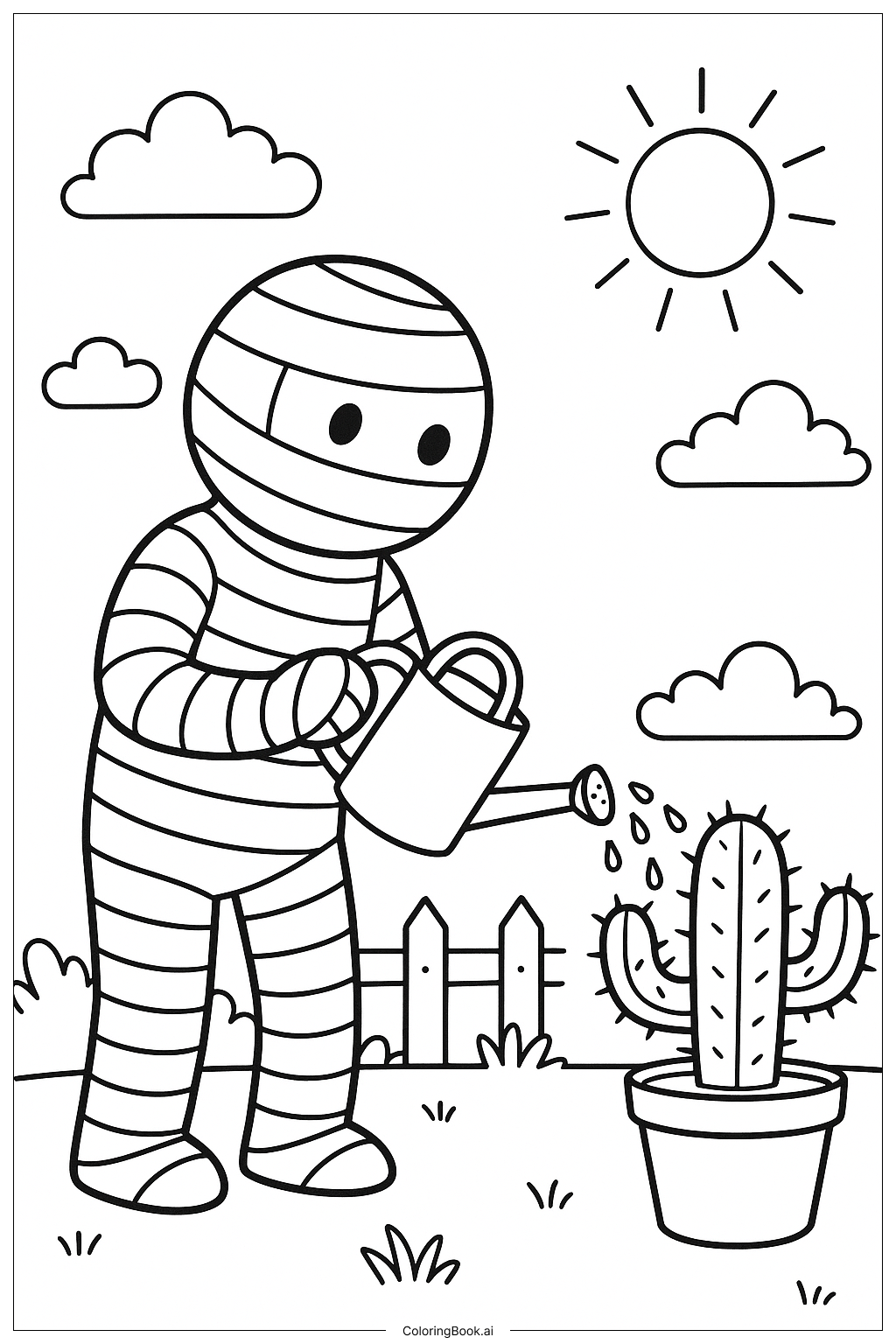  A Mummy Gardener Watering A Cactus Coloring Page 