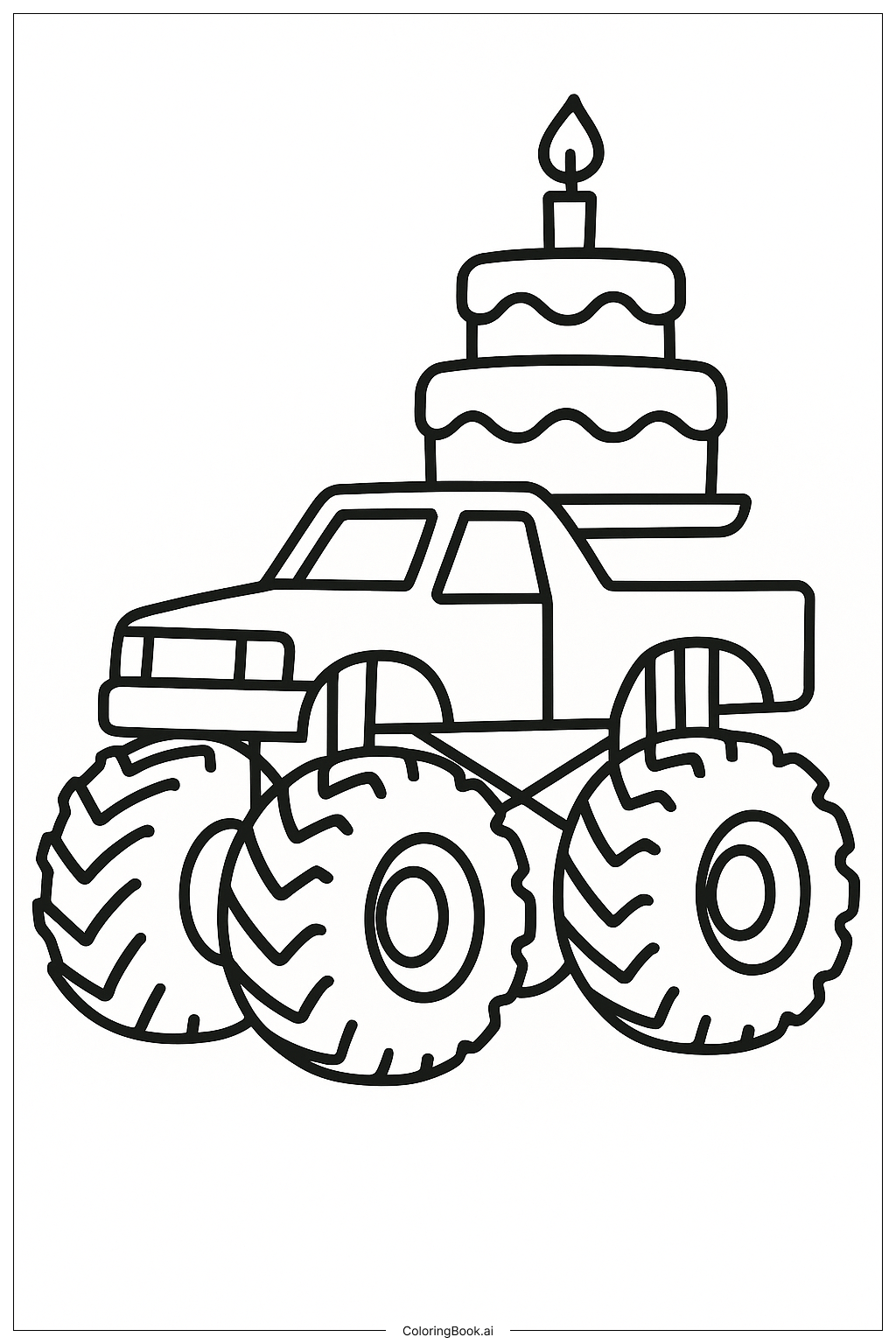  誕生日ケーキを載せたモンスタートラックの塗り絵ページ 