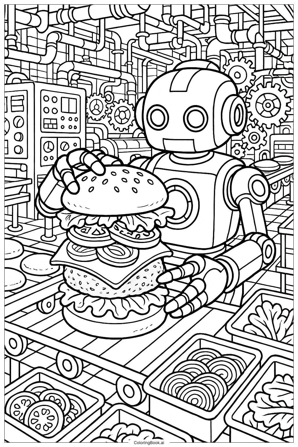  Ein Roboter baut einen Hamburger in einer Fabrik Ausmalseite 