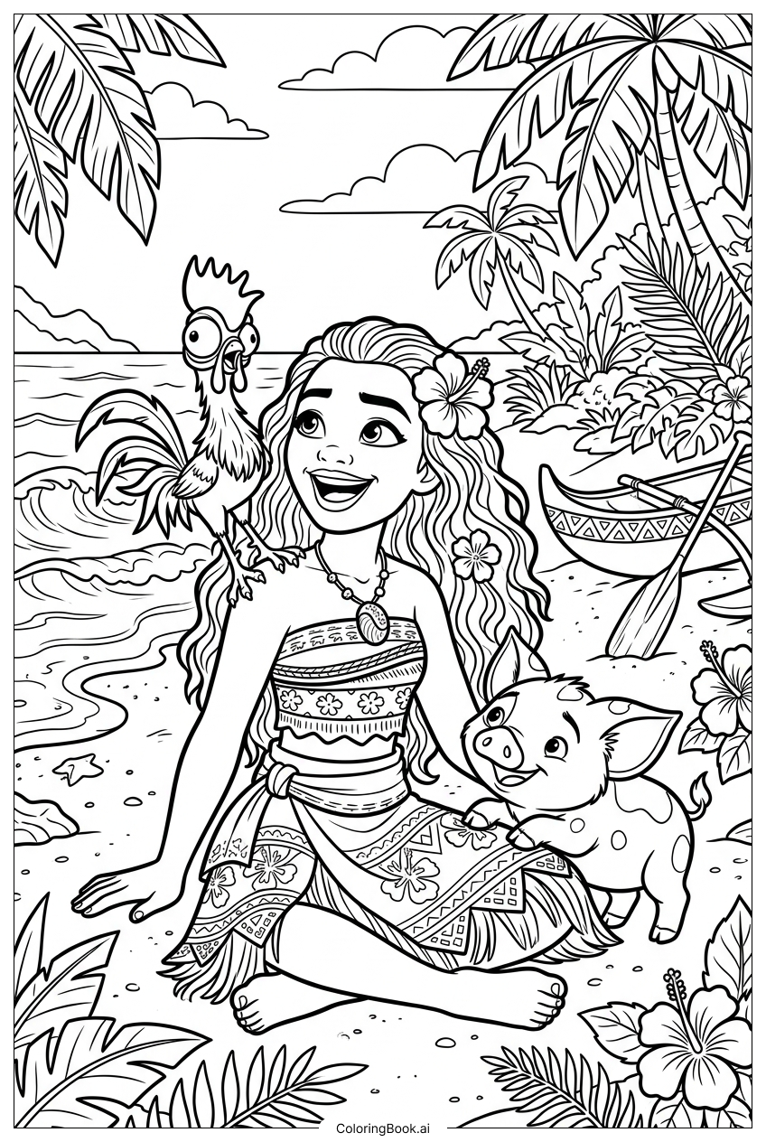  Moana Laughs With Heihei And Pua Coloring Page 