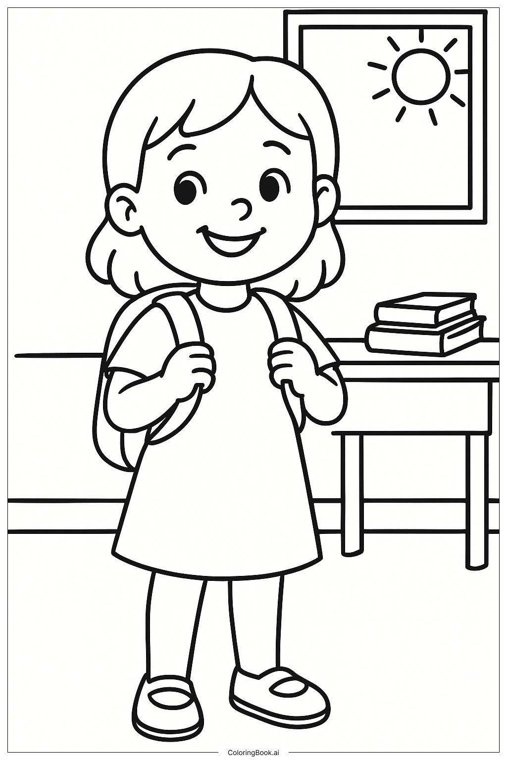  Page de coloriage Fille prête pour son premier jour d'école 