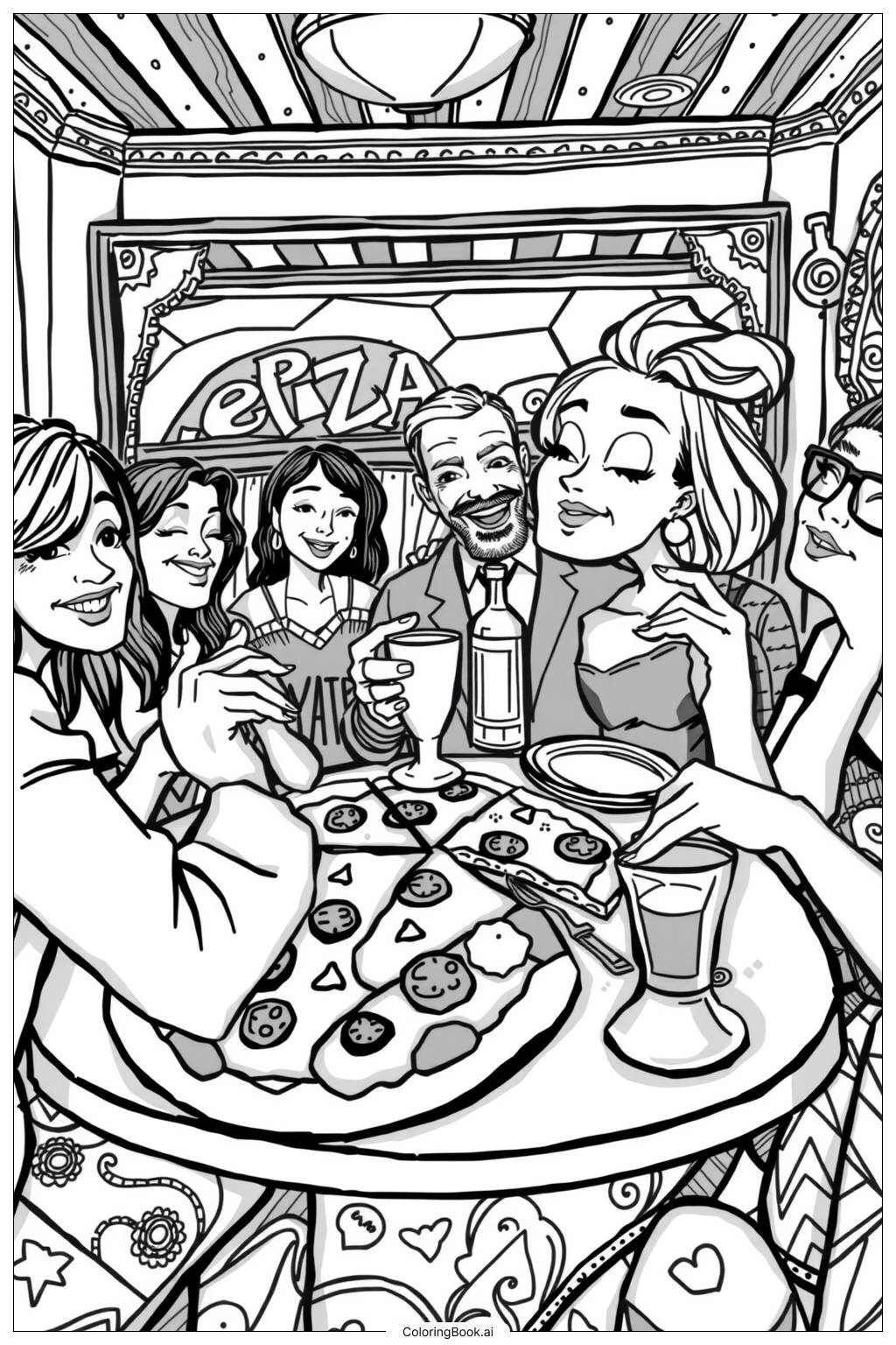  Pizza Party with Friends and Drinks Coloring Page 