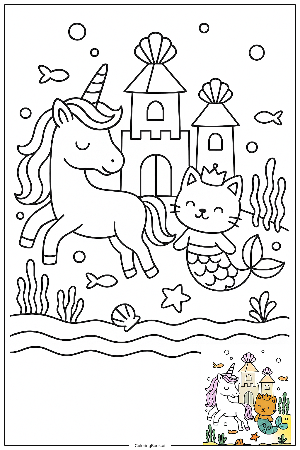  独角兽小猫人鱼水下城堡填色页 