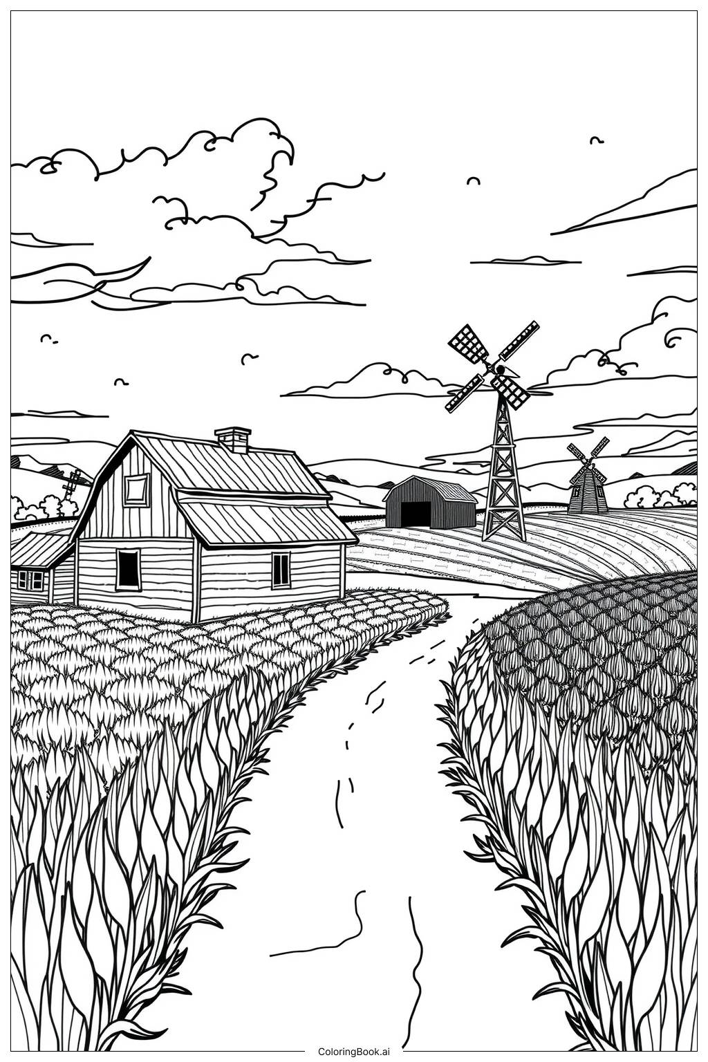  Farmhouse Surrounded by Fields Coloring Page 