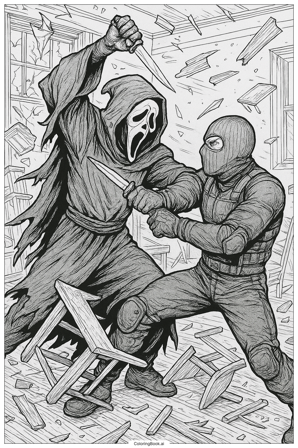  Página para colorear de Una Escena de Lucha Dramática Involucrando a Ghostface 