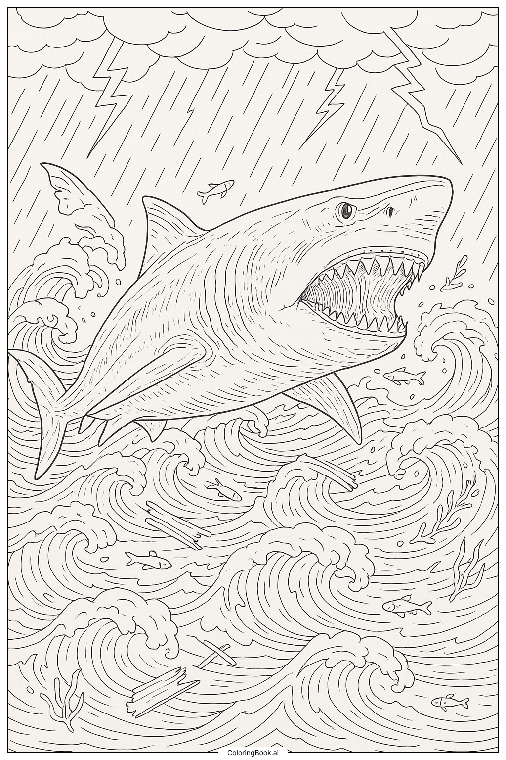  Megalodon in einem stürmischen Ozean Ausmalseite 