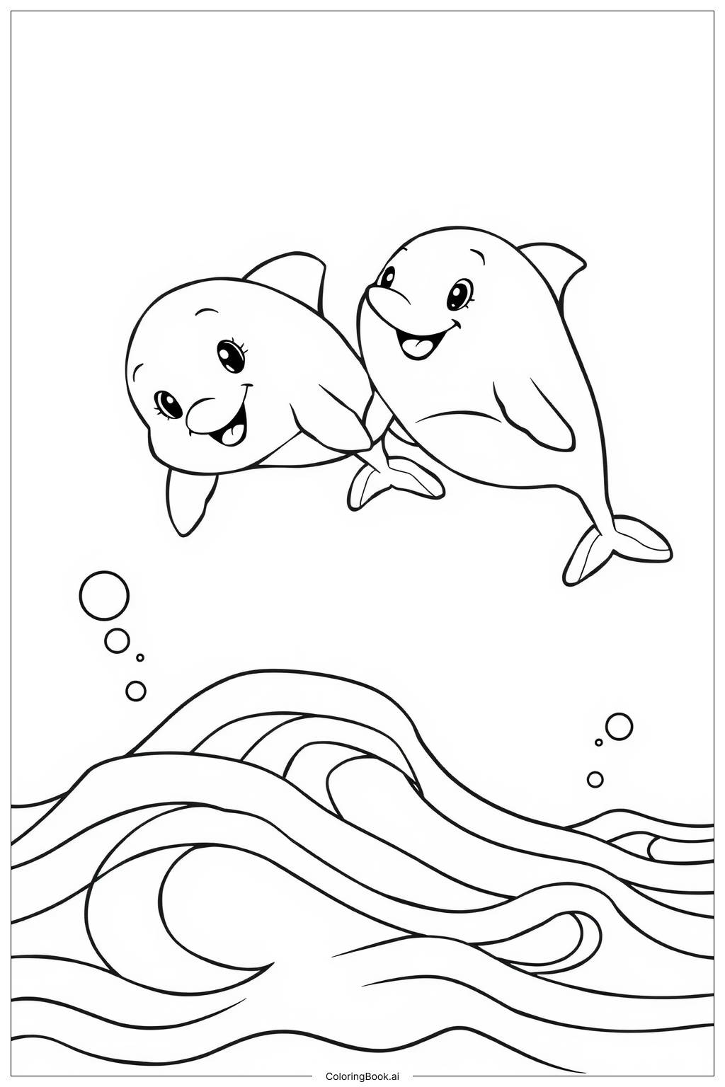  Page de coloriage Dauphins Joyeux Surfant sur les Vagues 