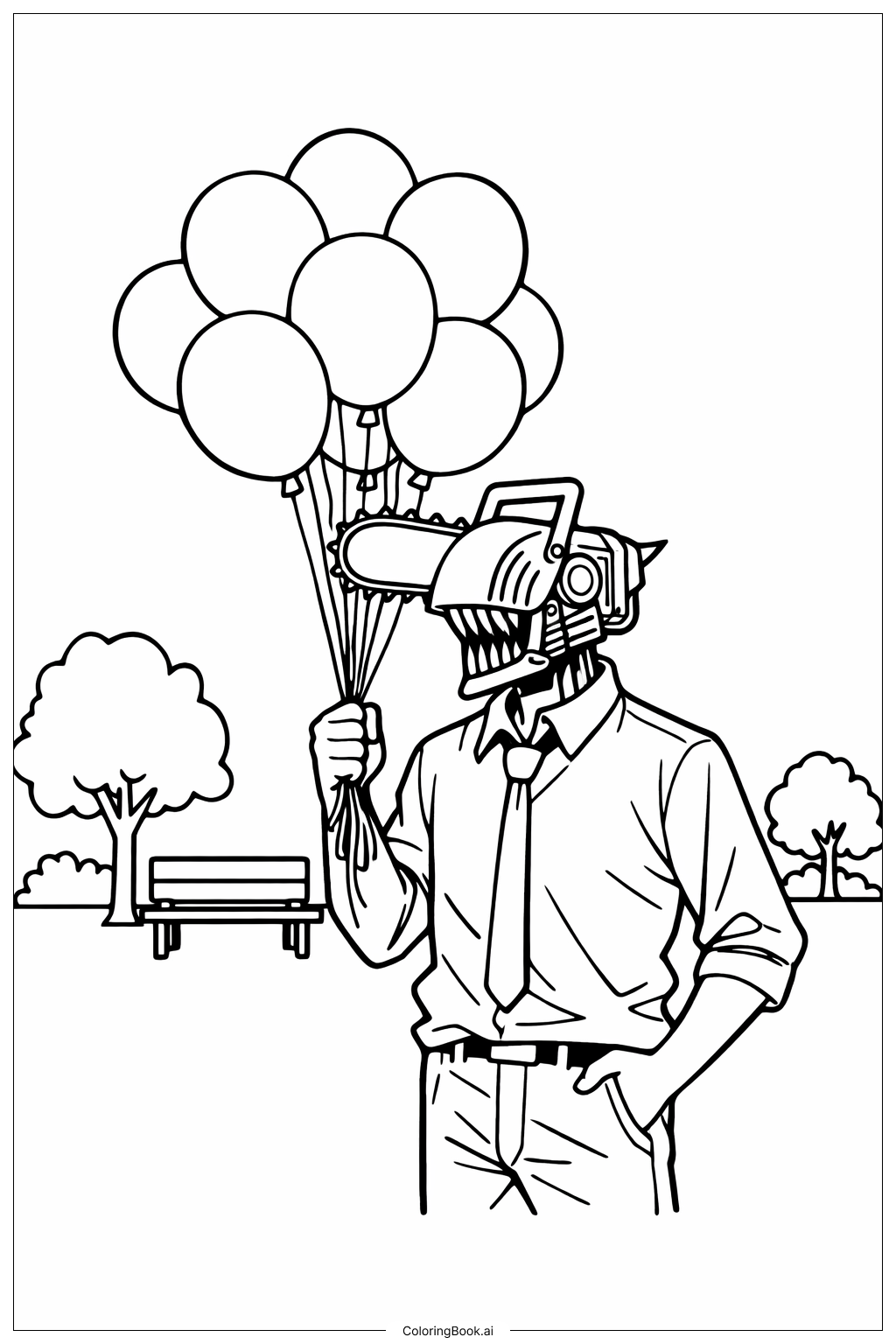  电锯人拿着一束气球填色页 