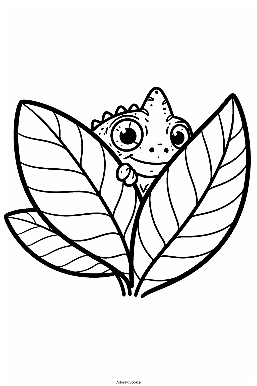 葉の中に隠れるカメレオンの塗り絵ページ
