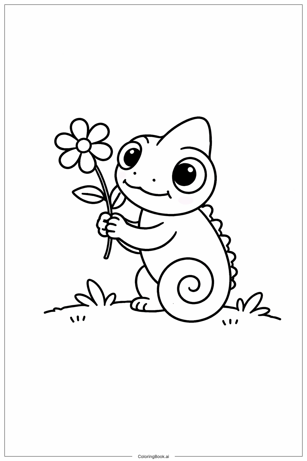Page de coloriage Caméléon tenant une fleur