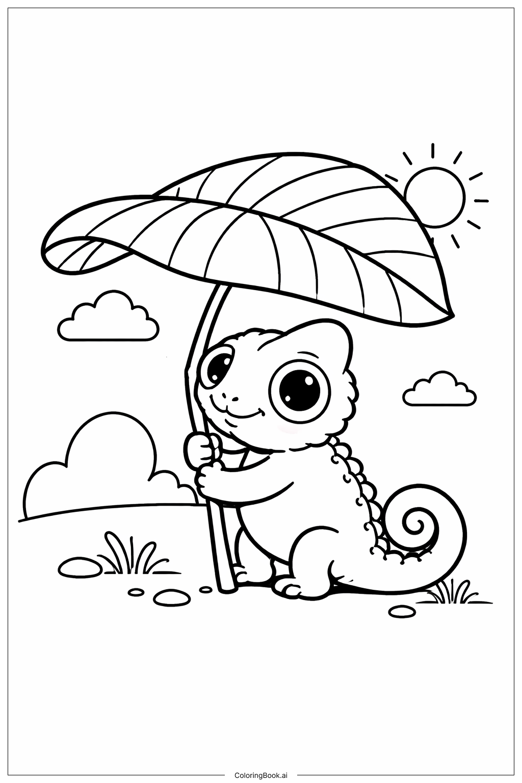 Página para colorear de Camaleón Sosteniendo Una Hoja