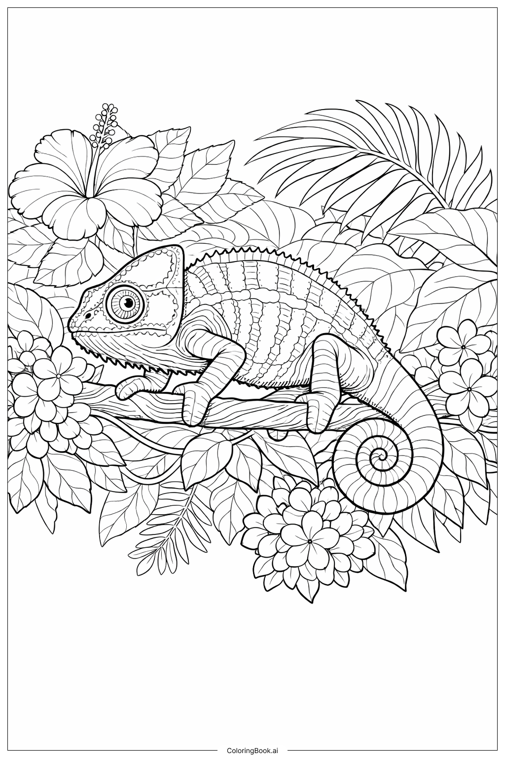  Página para colorir de Camaleão em uma Videira Florida 