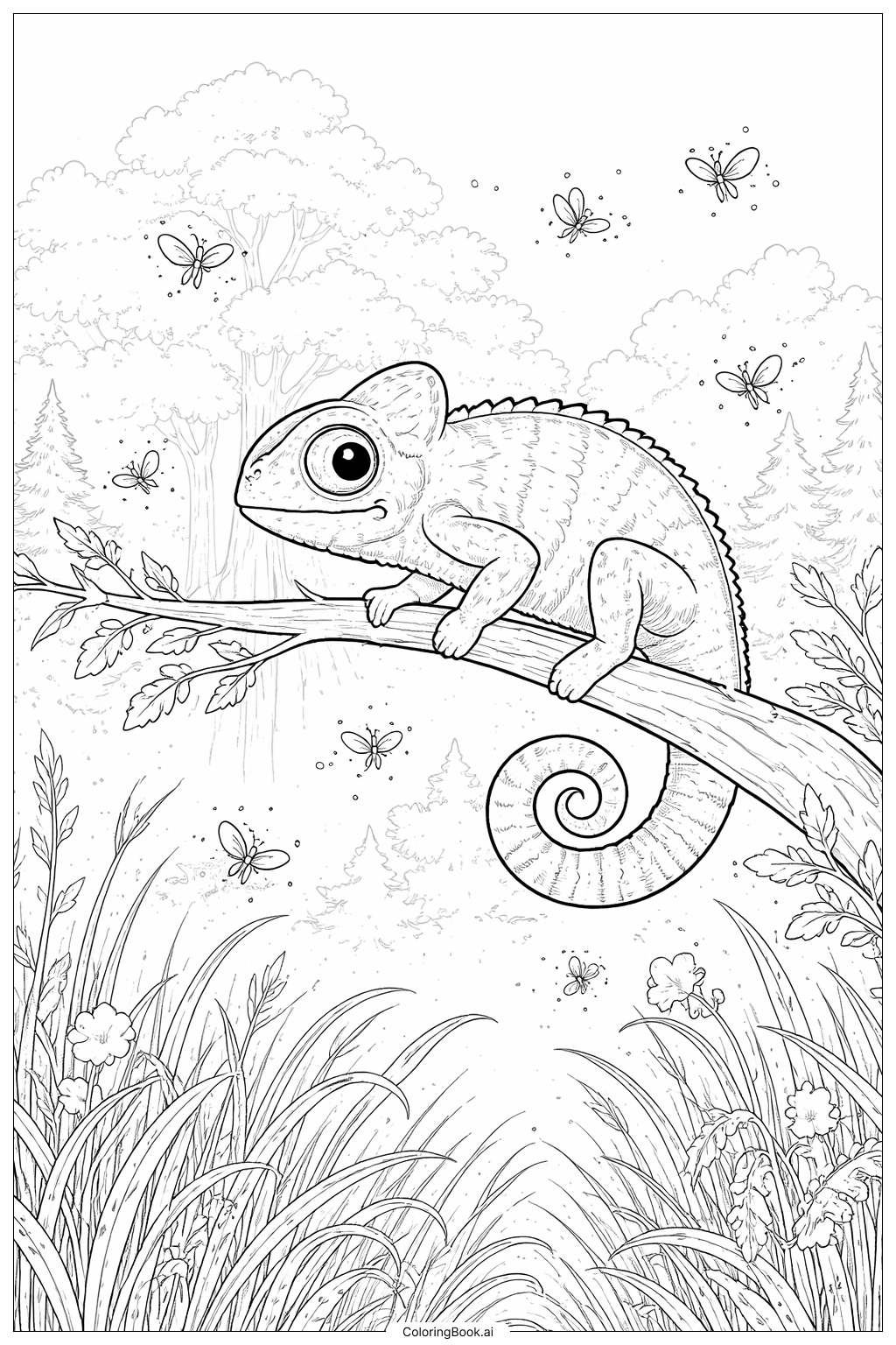  Página para colorir de Camaleão Observando Vaga-lumes 