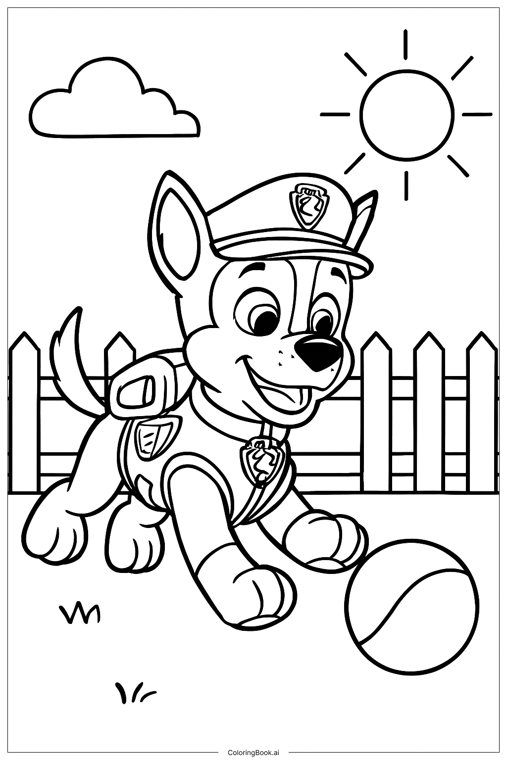Chase Paw Patrol Chasing Ball Coloring Page Free PDF PNG Printable 