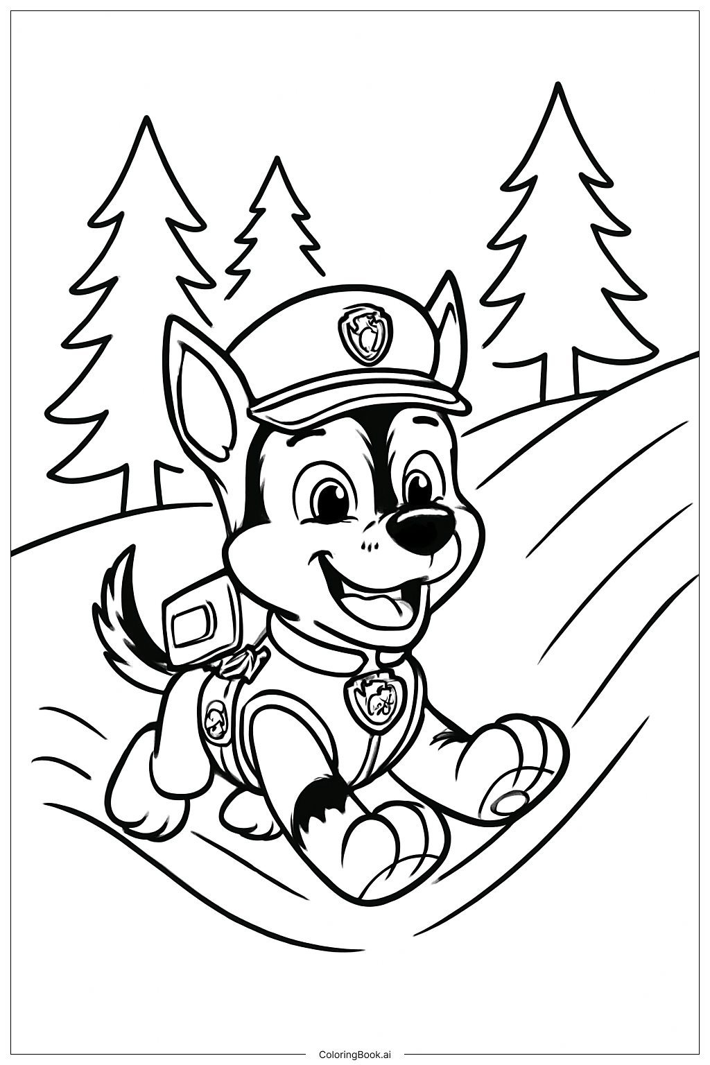  Página para colorear de Chase Paw Patrol en la Colina de Nieve 