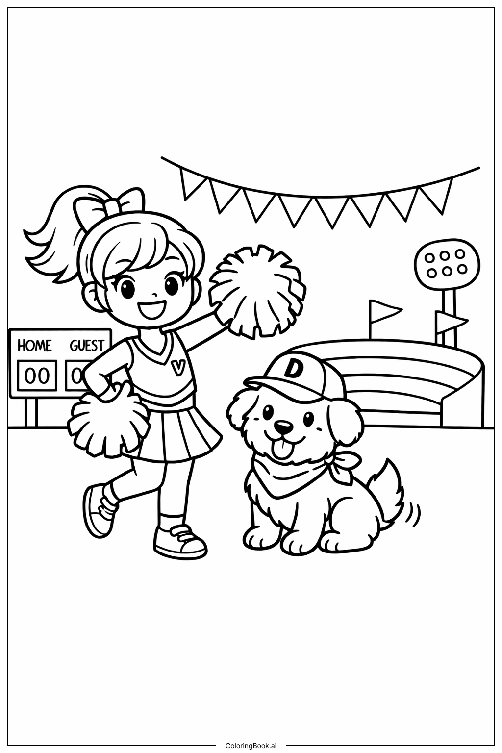  带吉祥物狗的啦啦队员填色页 