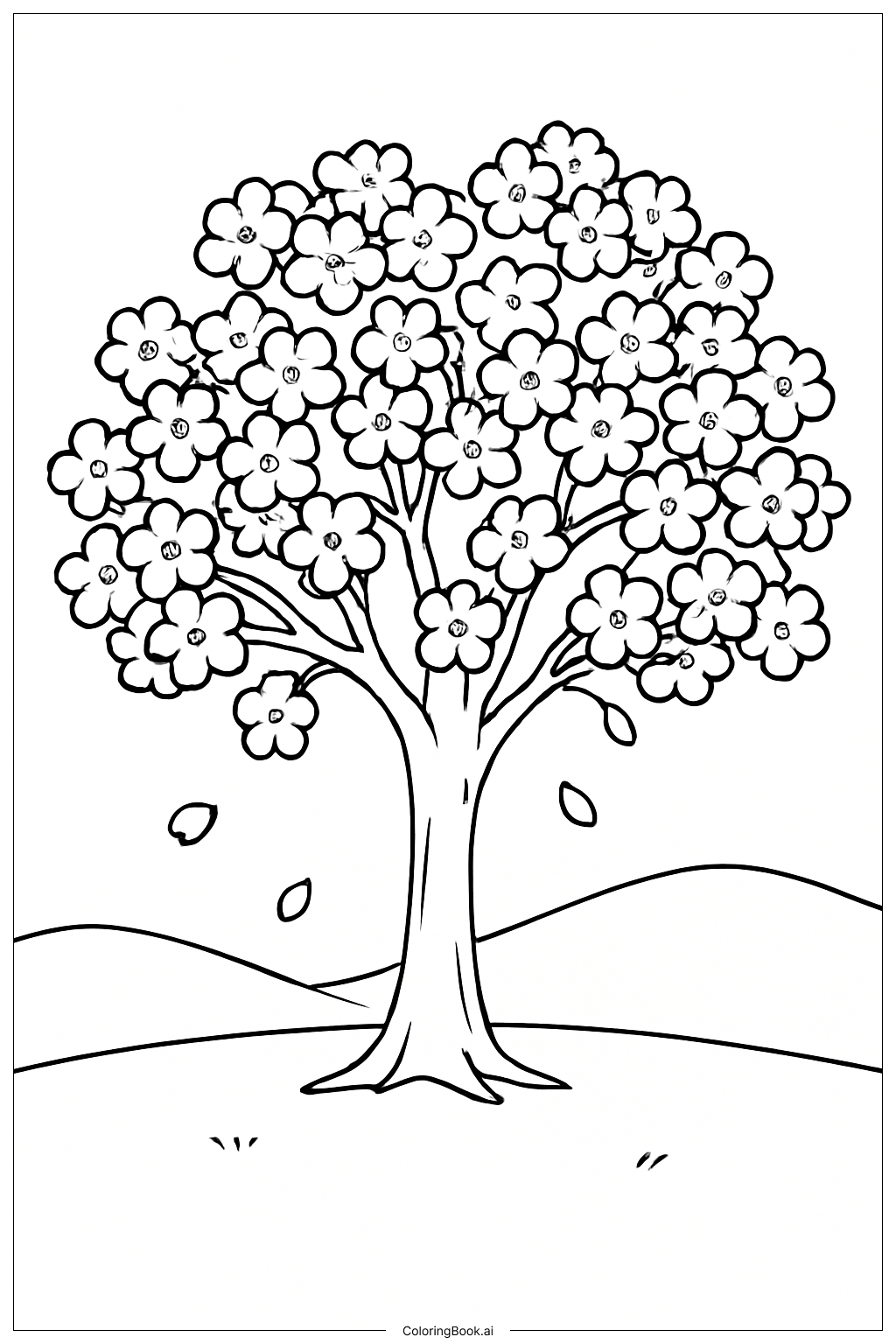 Página para colorir de Cena da Árvore de Flor de Cerejeira