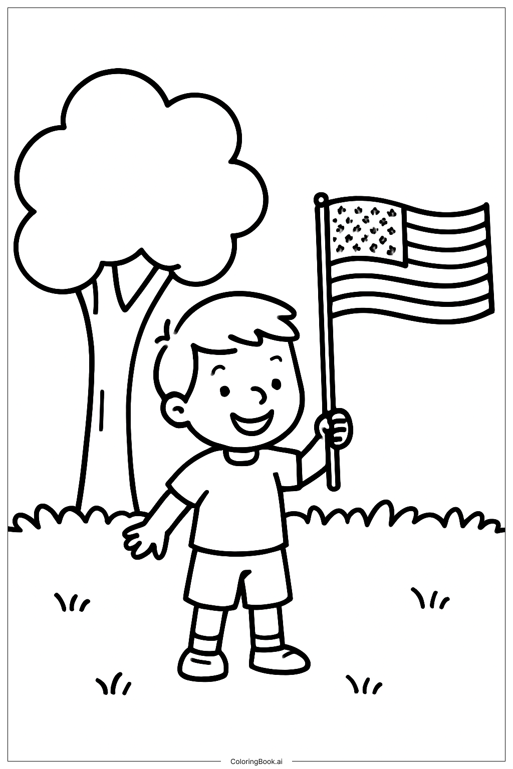 Trang tô màu Đứa trẻ cầm cờ Mỹ