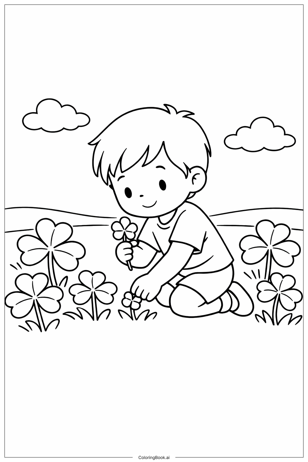 Página para colorear de Niño recogiendo tréboles