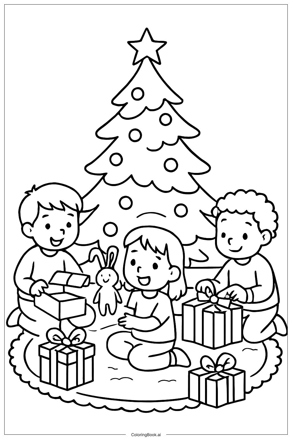  Page de coloriage Enfants ouvrant des cadeaux de Noël 