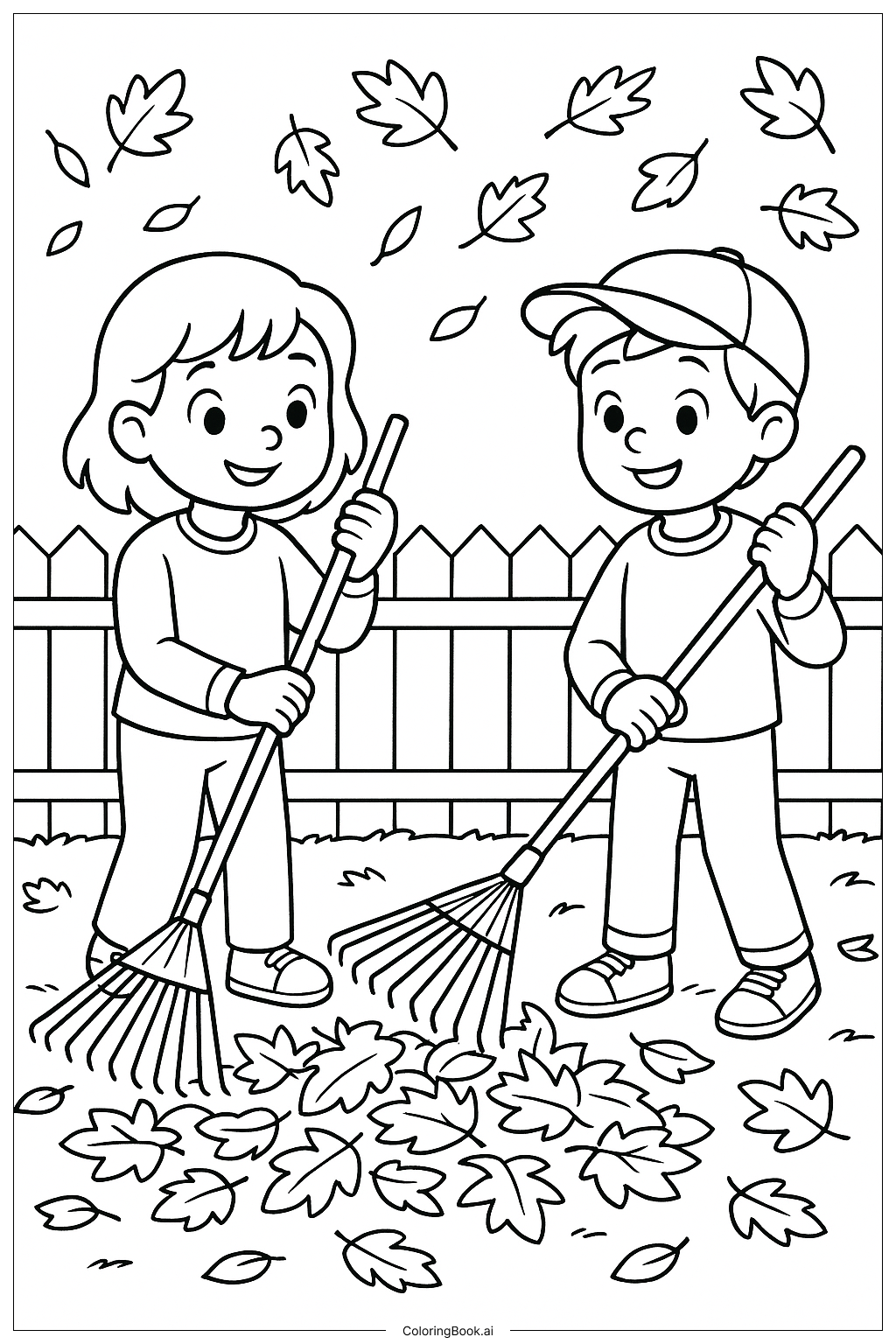 Página para colorir de Crianças Rakeiam Folhas de Outono