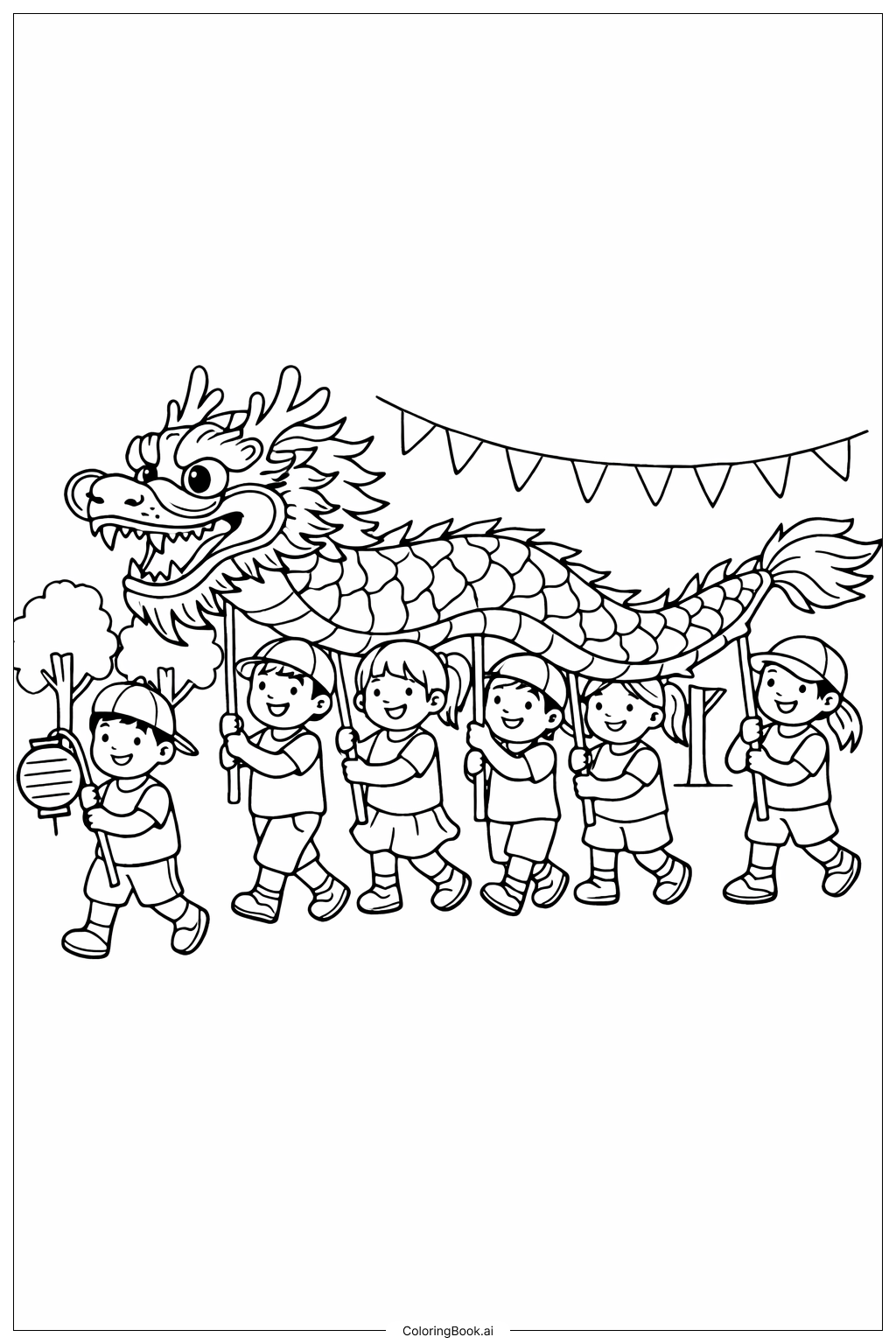  2026년 설날 용 퍼레이드 장면 색칠공부 페이지 