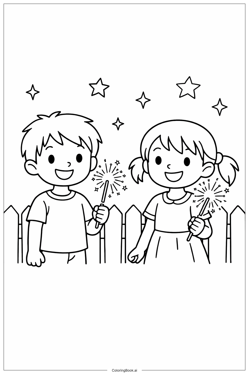 Chinesisches Neujahr 2026 Kinder mit Wunderkerzen Ausmalseite