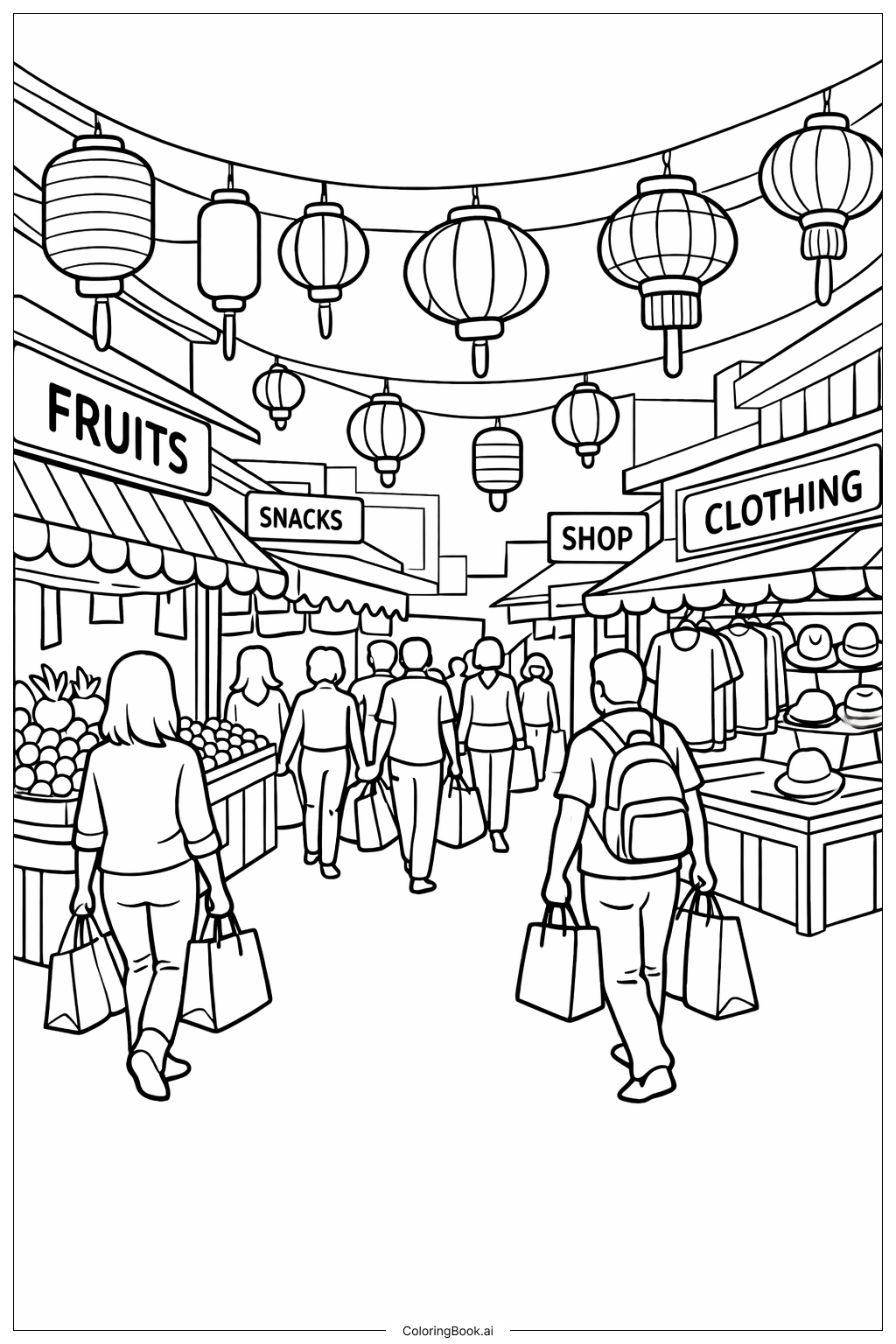  2026년 중국 설날 시장 거리 풍경 색칠공부 페이지 