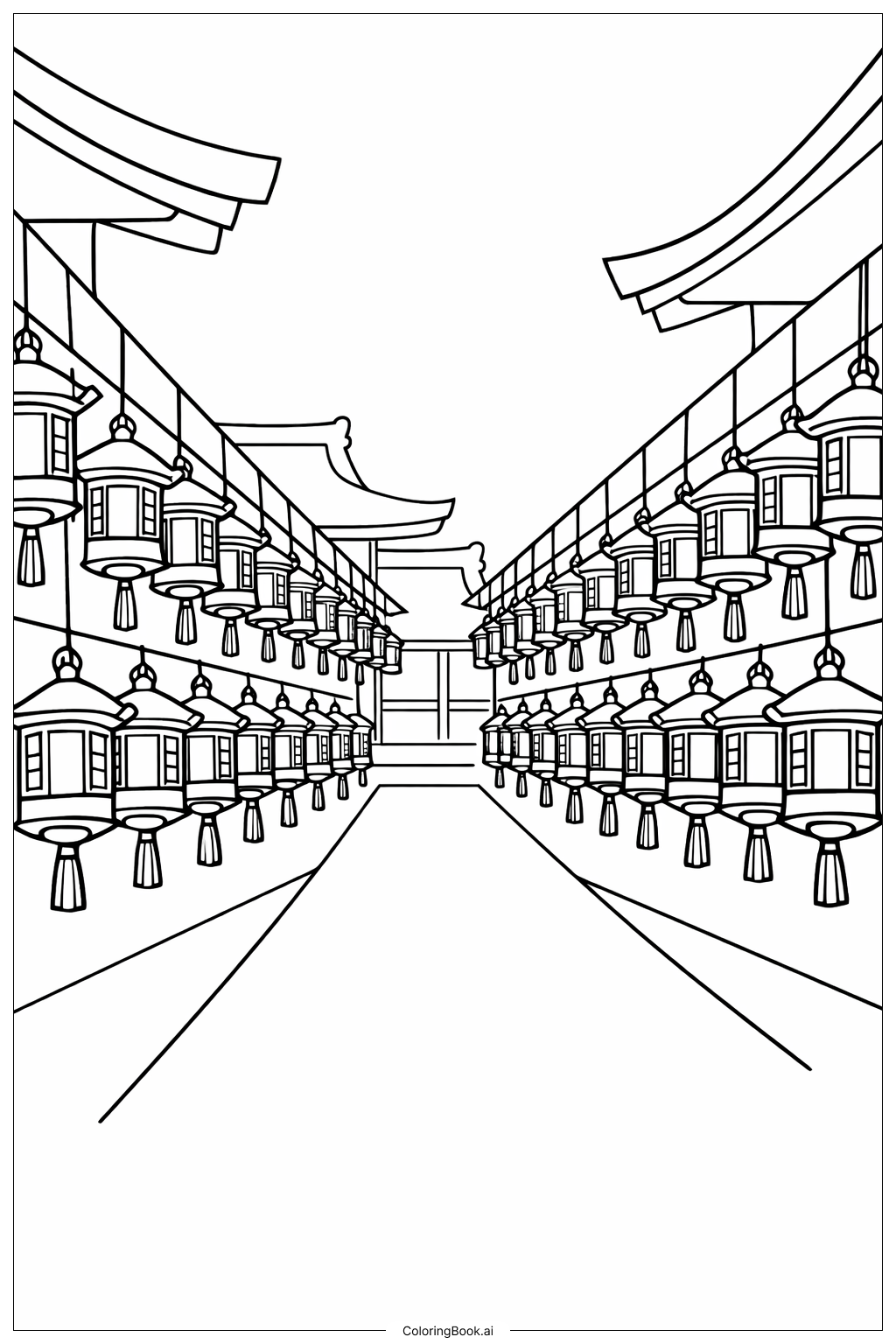 Chinesisches Neujahr 2026 Tempel Laternen Ausmalseite