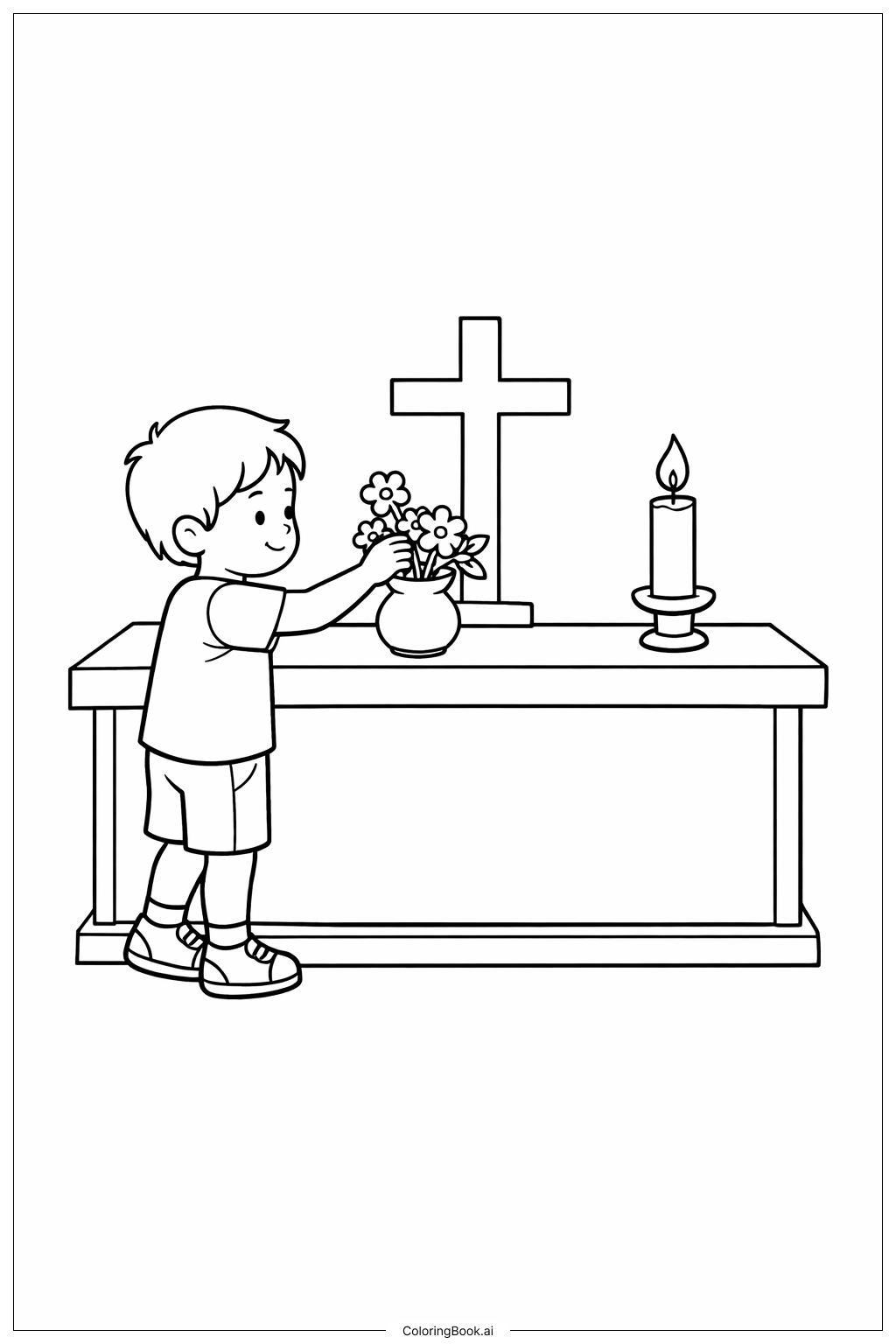 Page de coloriage Enfant chrétien à l'autel avec une fleur