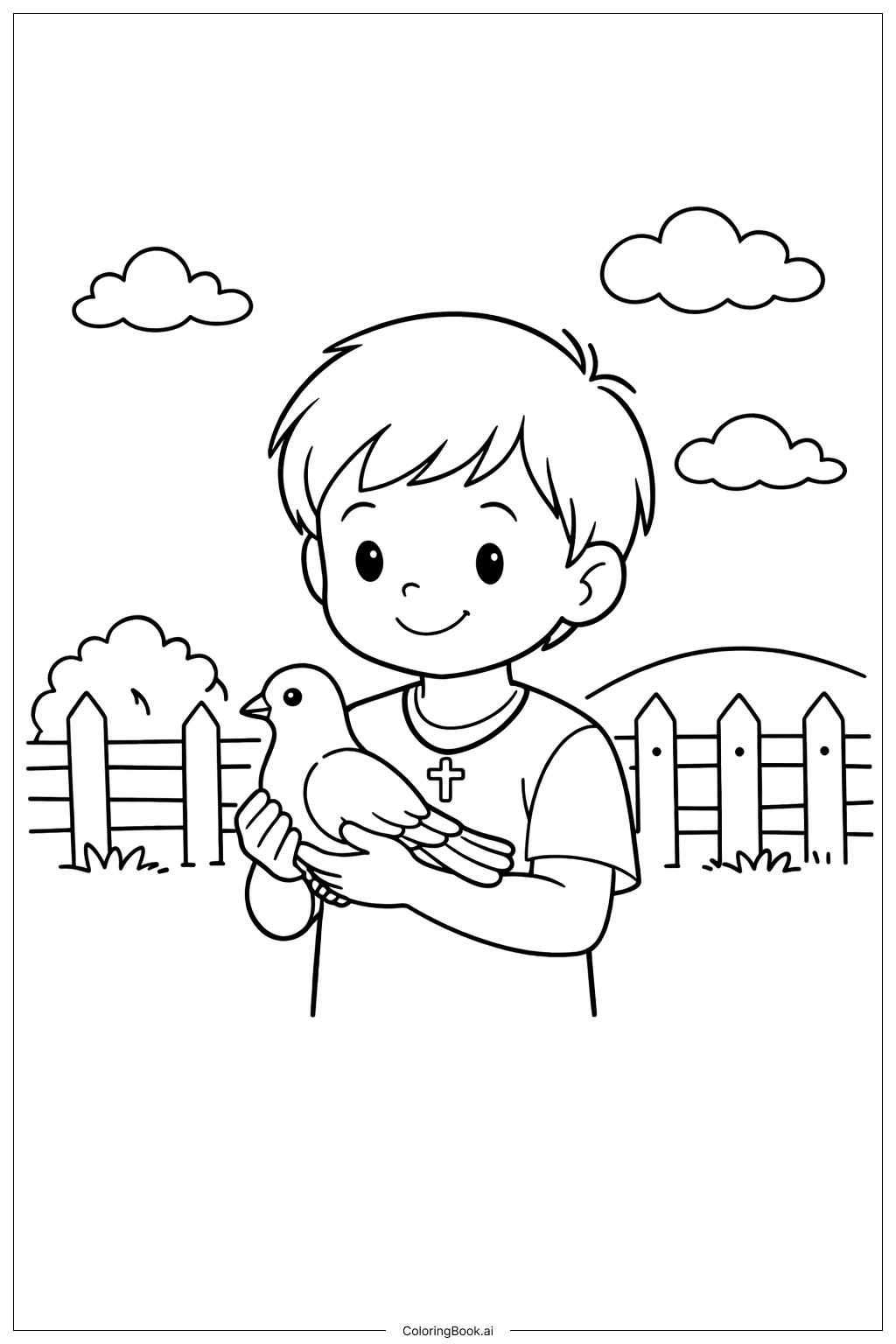 Page de coloriage Enfant Chrétien Libérant une Colombe
