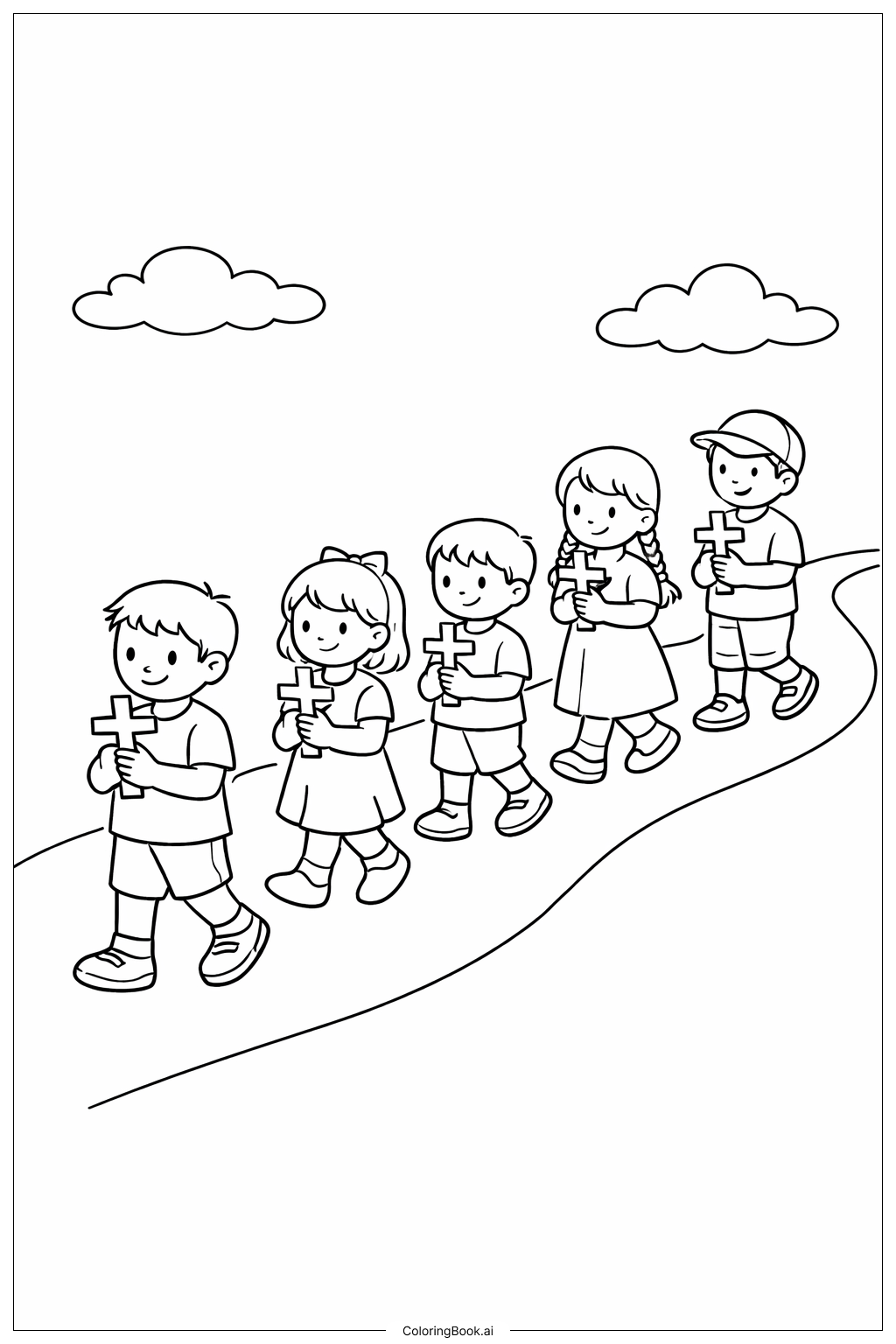 Page de coloriage Enfants chrétiens portant des croix