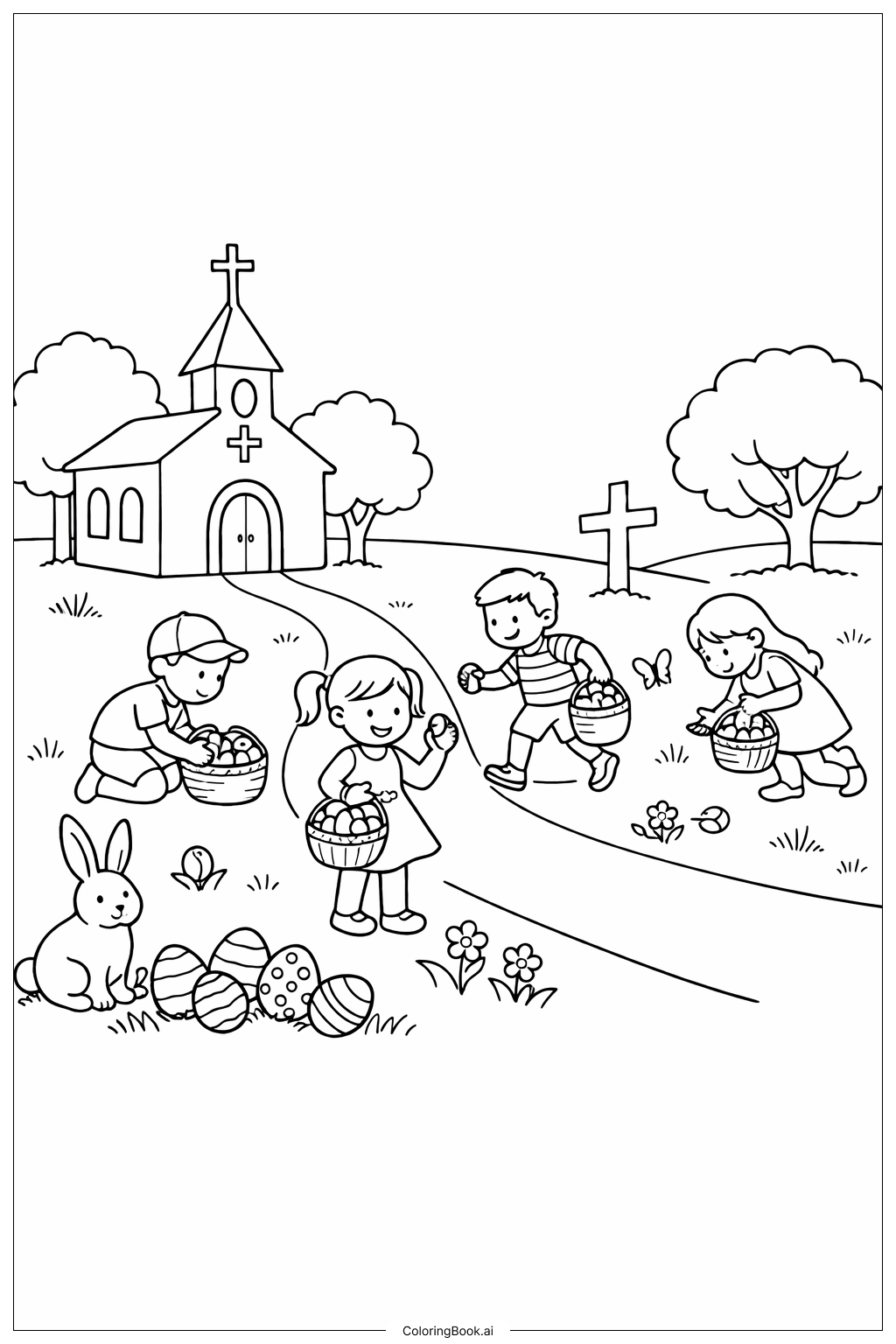 Page de coloriage Chasse aux œufs de Pâques chrétienne dans la cour de l'église