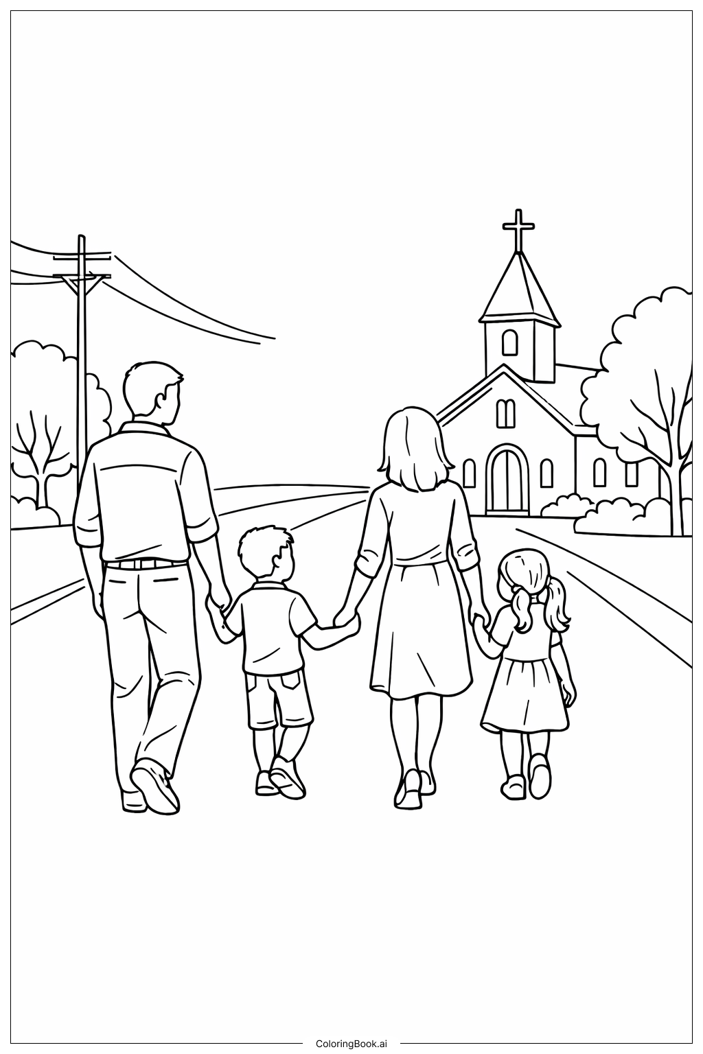 Page de coloriage Famille chrétienne marchant vers l'église