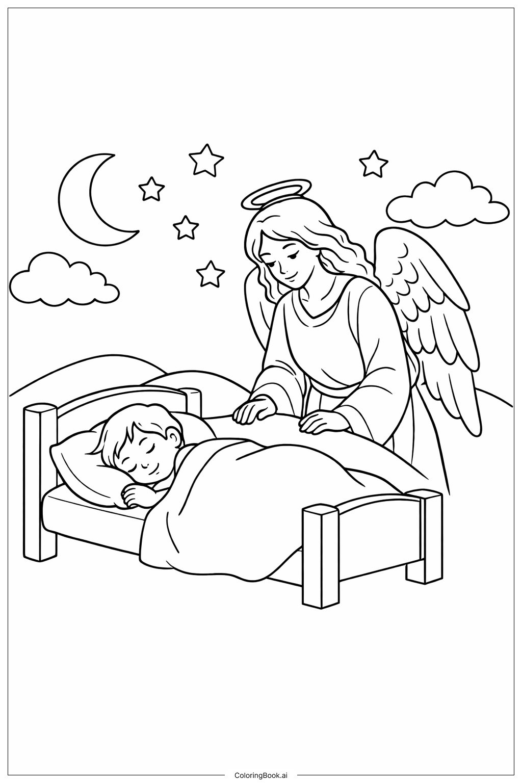 Page de coloriage Ange Gardien Chrétien la Nuit