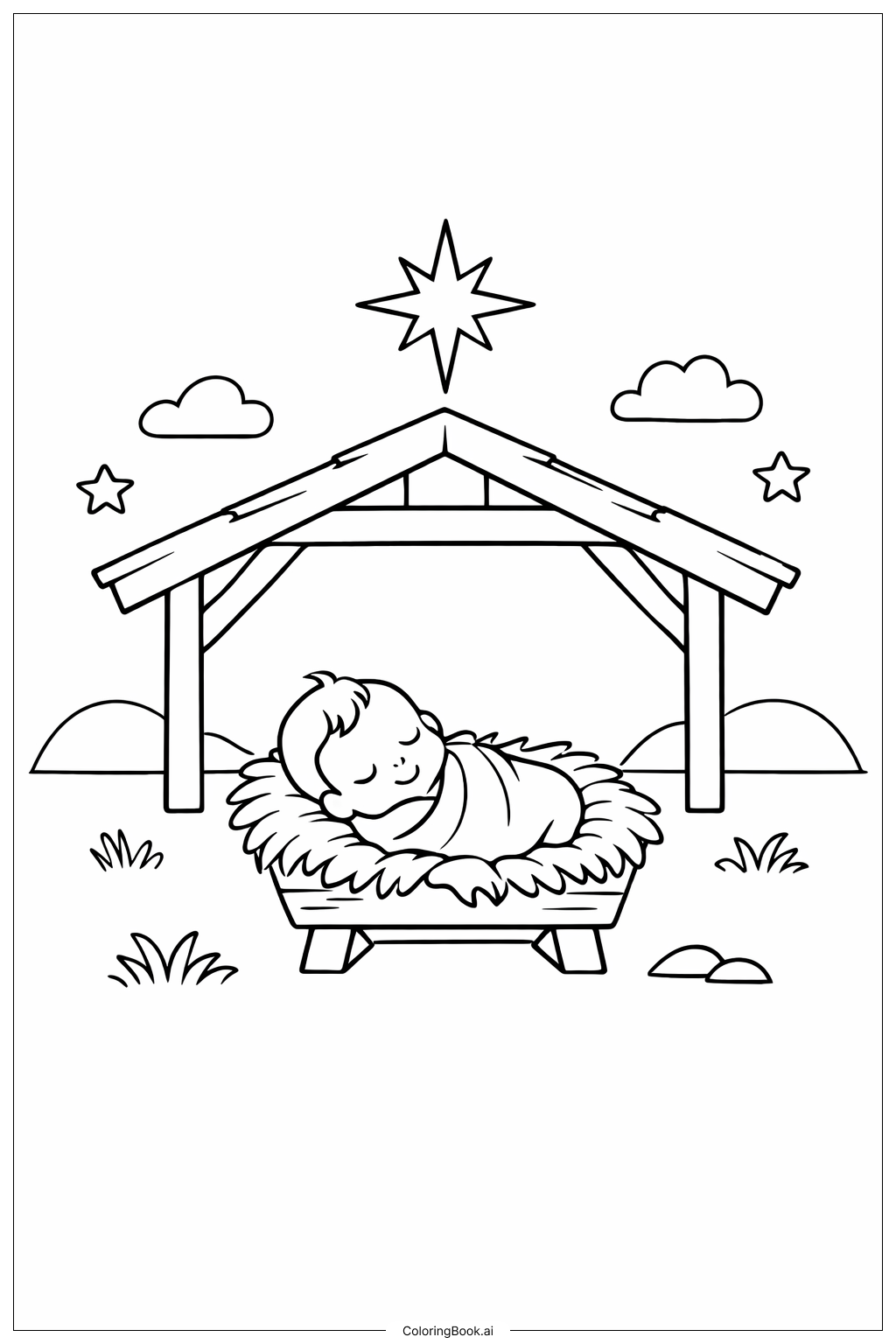 Page de coloriage Nativité chrétienne avec l'étoile