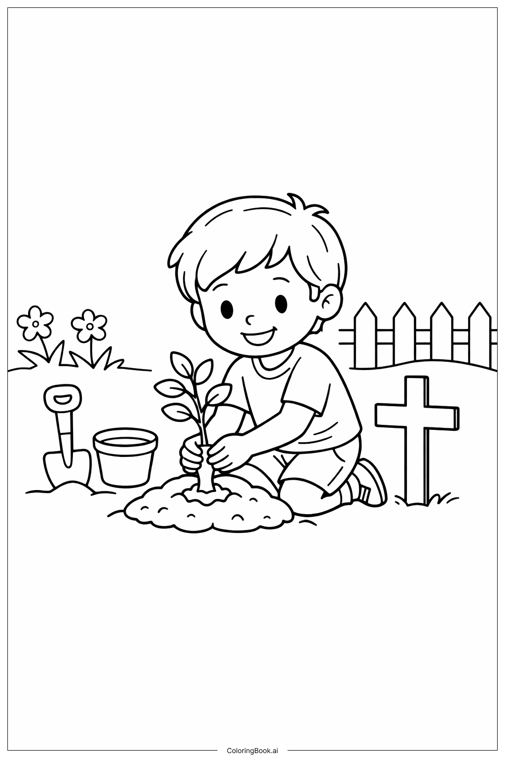 Page de coloriage Christian Plantant un Arbre