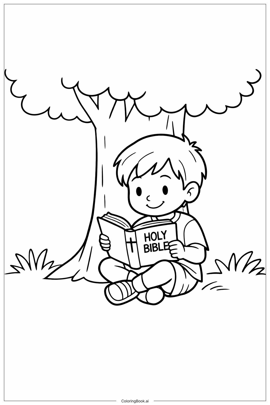Page de coloriage Lecture chrétienne de la Bible sous un arbre