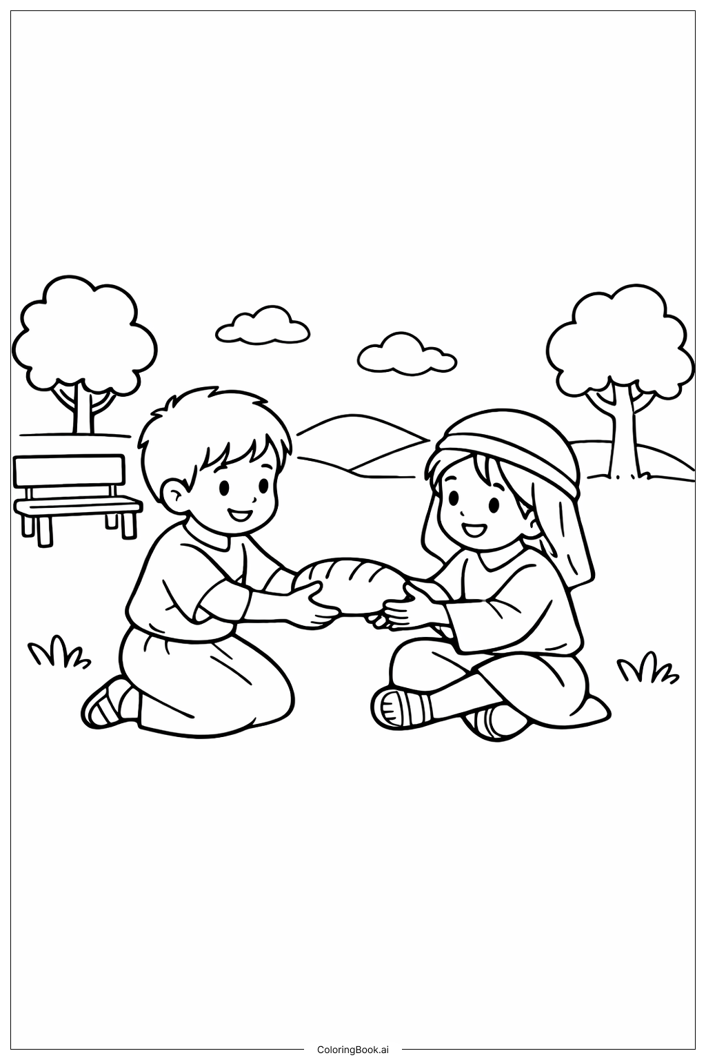 Page de coloriage Partage chrétien du pain dans le parc