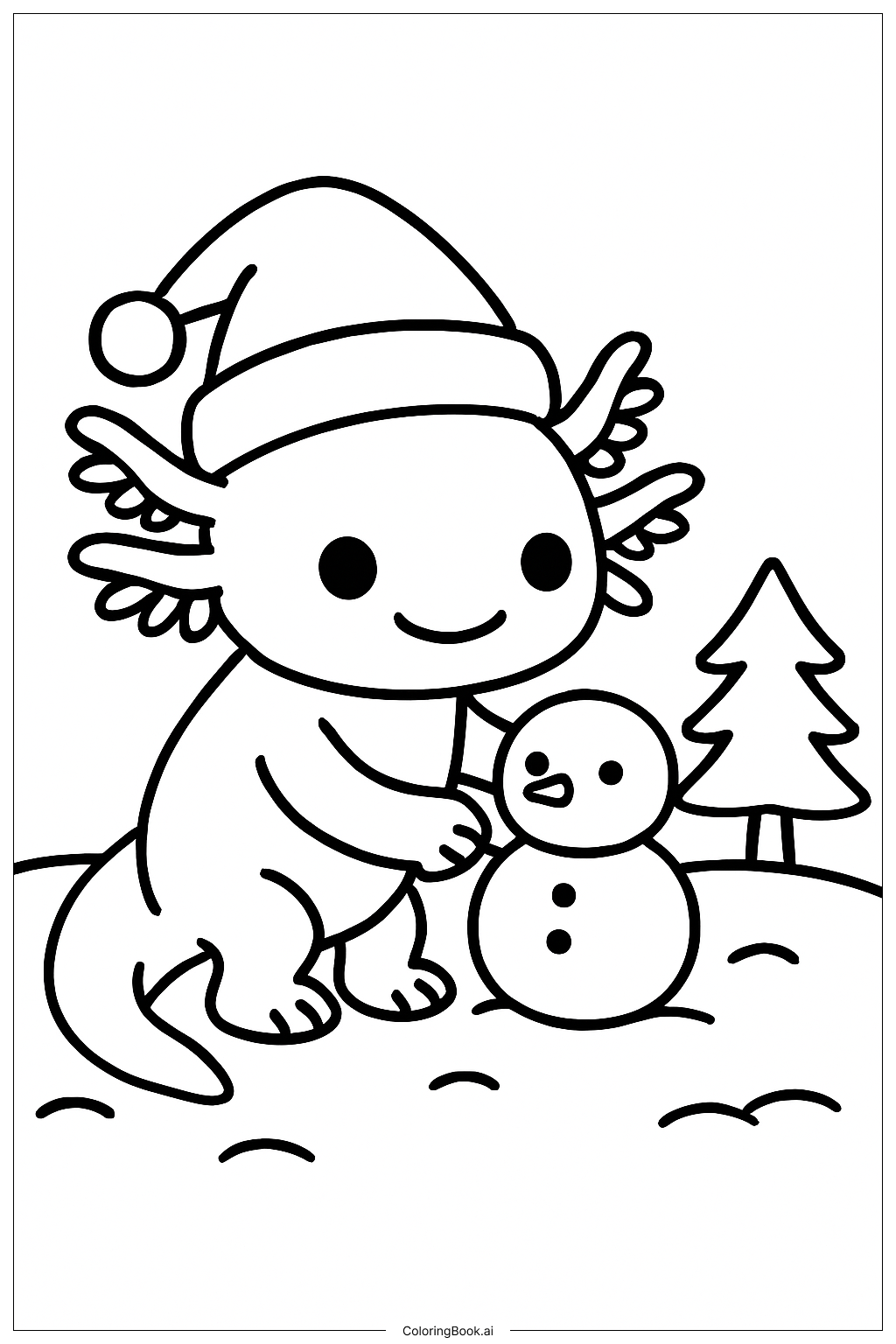  Page de coloriage Axolotl de Noël Construisant un Bonhomme de Neige 