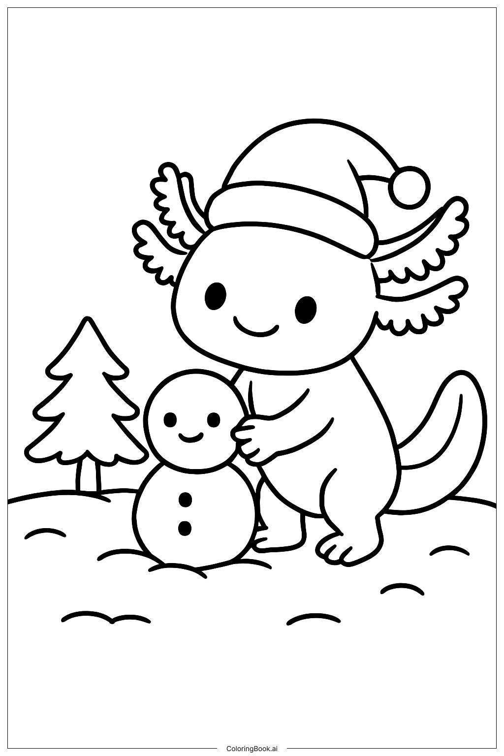  Page de coloriage Axolotl de Noël construisant un bonhomme de neige 