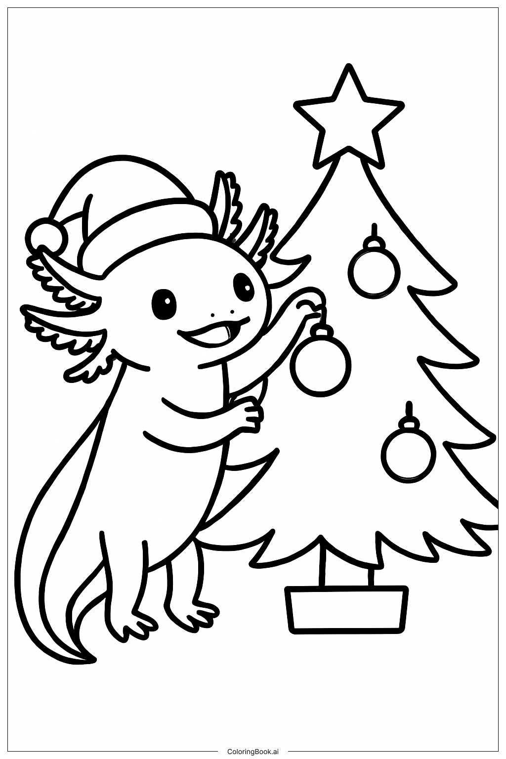 Page de coloriage Axolotl de Noël Décorant le Sapin 
