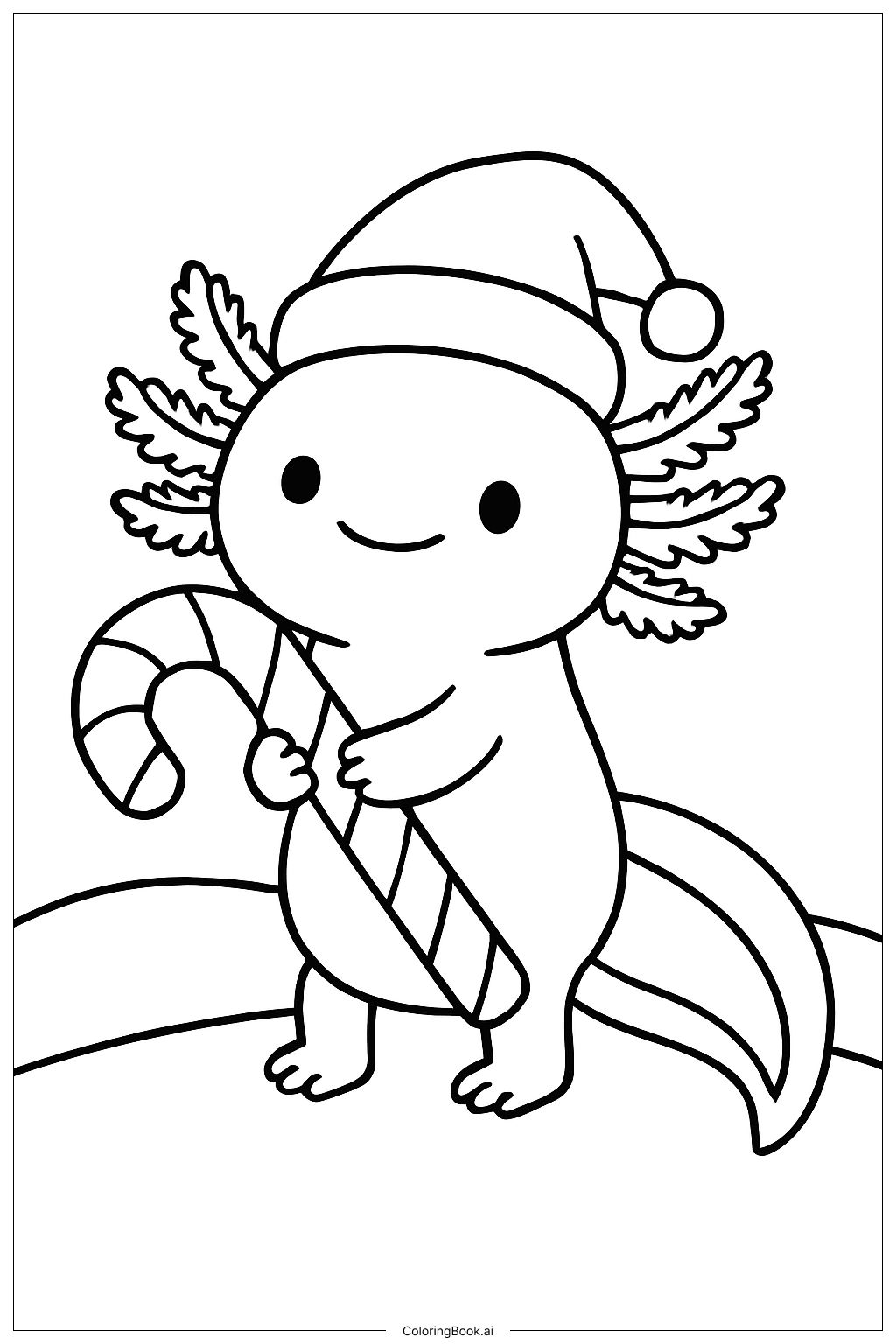  Page de coloriage Axolotl de Noël tenant une canne en sucre d'orge 