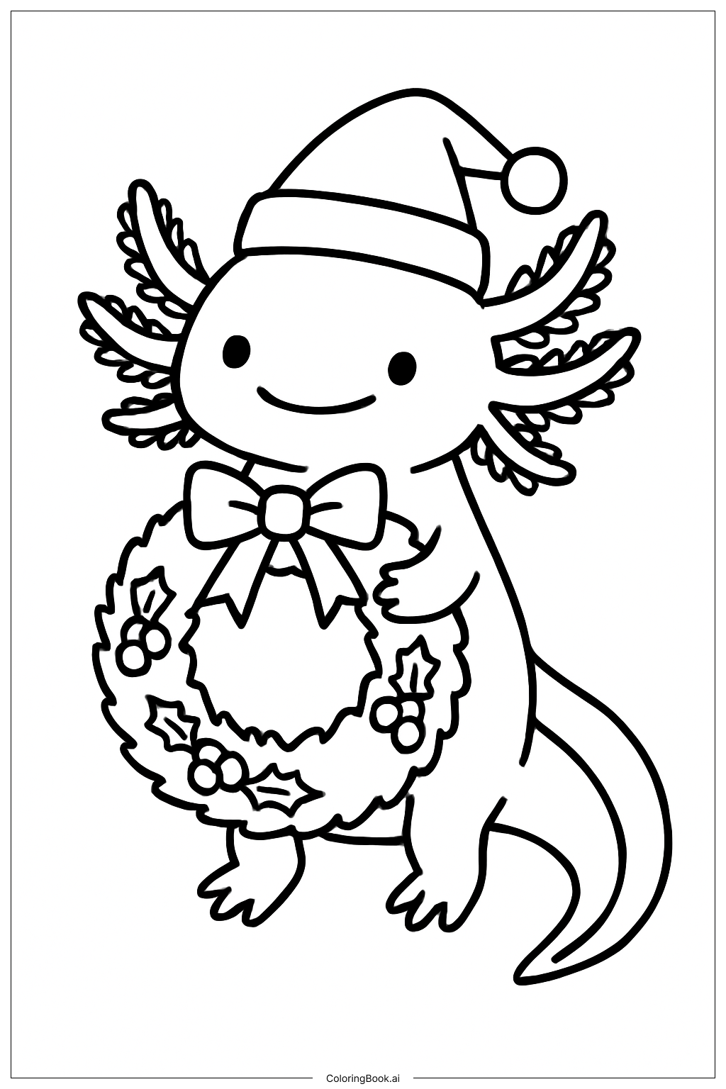  Page de coloriage Axolotl de Noël tenant une couronne 