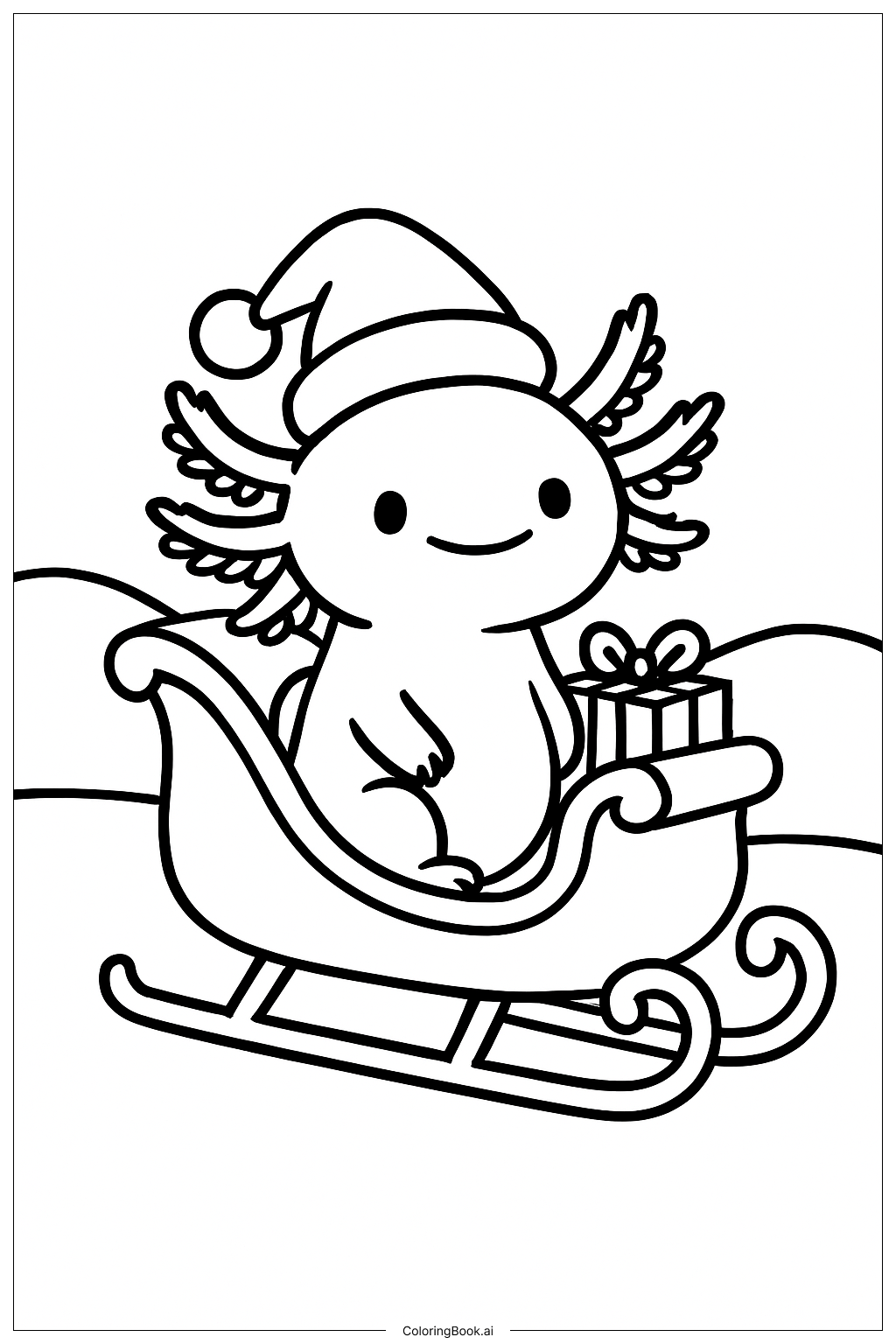  Page de coloriage Axolotl de Noël dans un traîneau 
