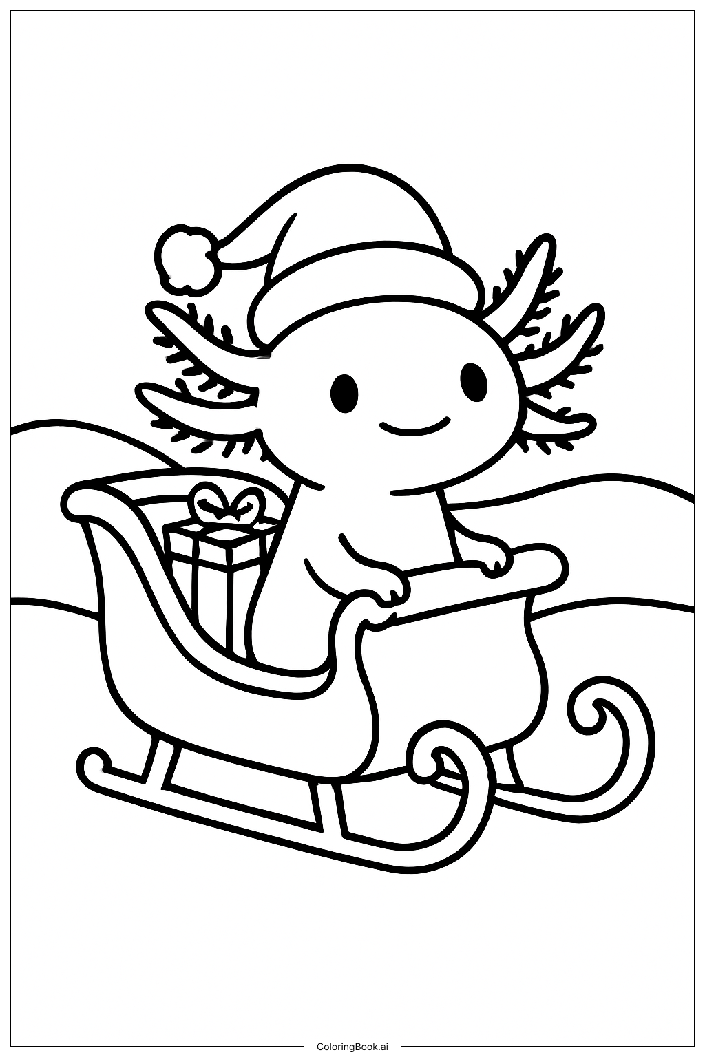  Page de coloriage Axolotl de Noël dans un traîneau 