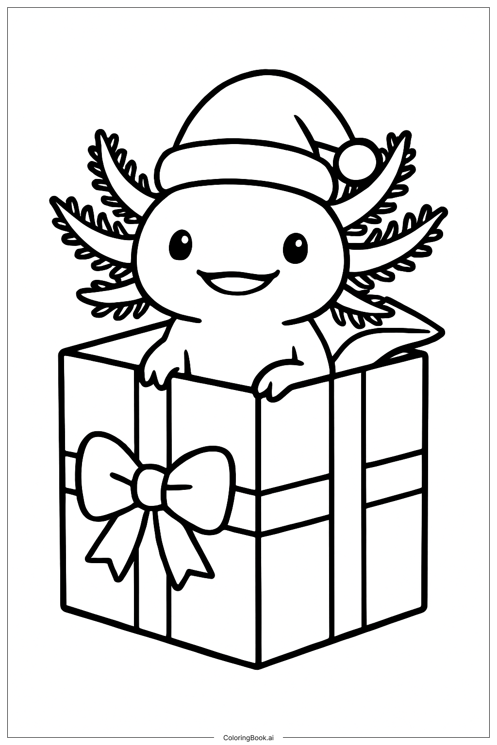  Page de coloriage Axolotl de Noël Qui Jette Un Coup d'Œil Depuis Son Cadeau 